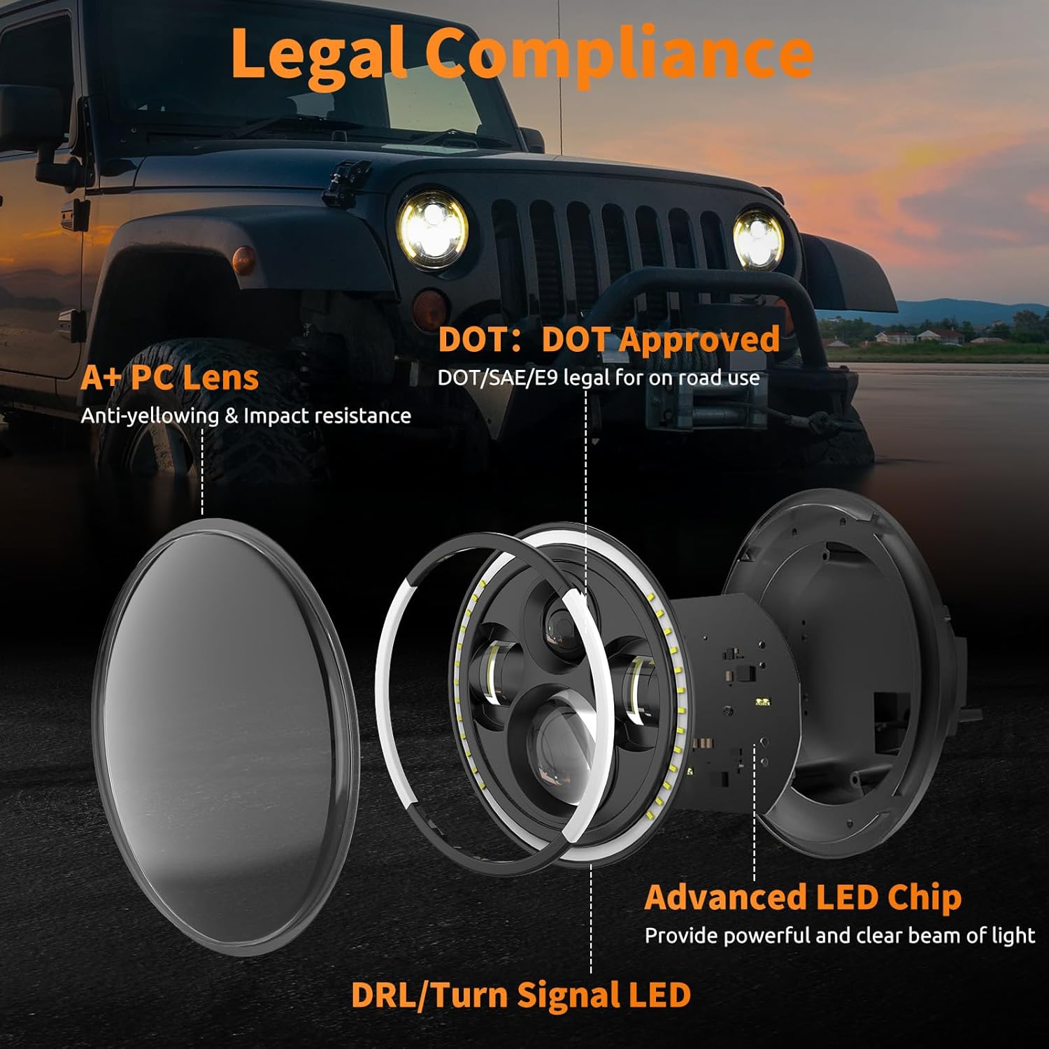 Halo Headlights for Jeep Wrangler JK TJ(1992-2005)- 7Inch Round LED headlights with White/Amber DRL & Turn Signal, High/Low Beam Projector, Plug & Play Kit (Fits H6024)