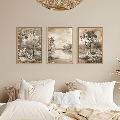 Miniatura 5 de Lienzo enmarcado de paisaje de árbol de acuarela, juego de arte para pared, paisaje retro de bosque natural, decoración de pared, decoración de