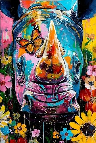 WANGWANGMIAO Paint by Number for Adults Colorful rhinoceroses Butterflies,Painting by Numbers Kits for Beginners,Colorful Oil Paints Craft Art for Home Wall Decor Gift 20X16Inch，with Frame