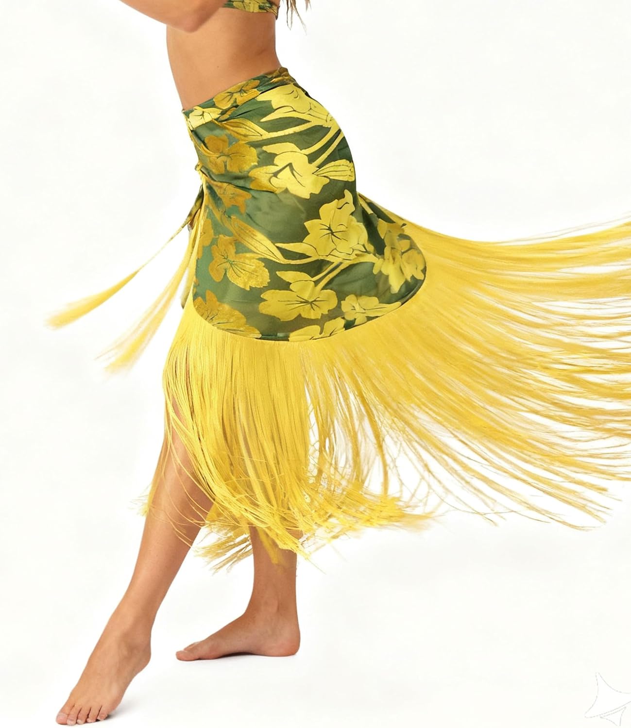 ROYAL SMEELA Women's Latin Dance Skirt with Tassels - Floral Print & Gold Fringe for Performance & Practice