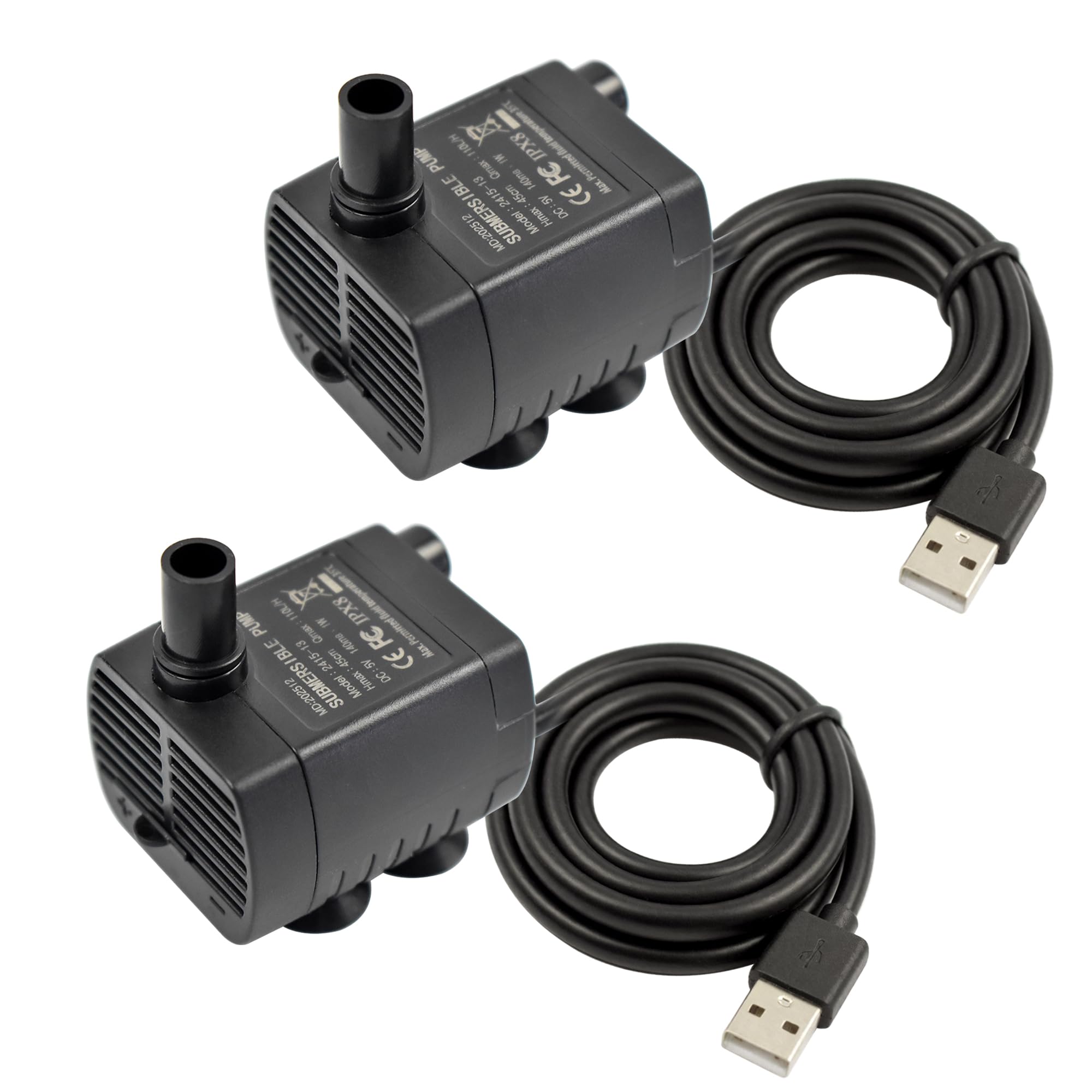 CONQUERALL 2PCS DC 5V USB Powered Submersible Water Pump Quiet with LED Light 29GPH 1W 1.5ft for Pet Water Fountain (Black)