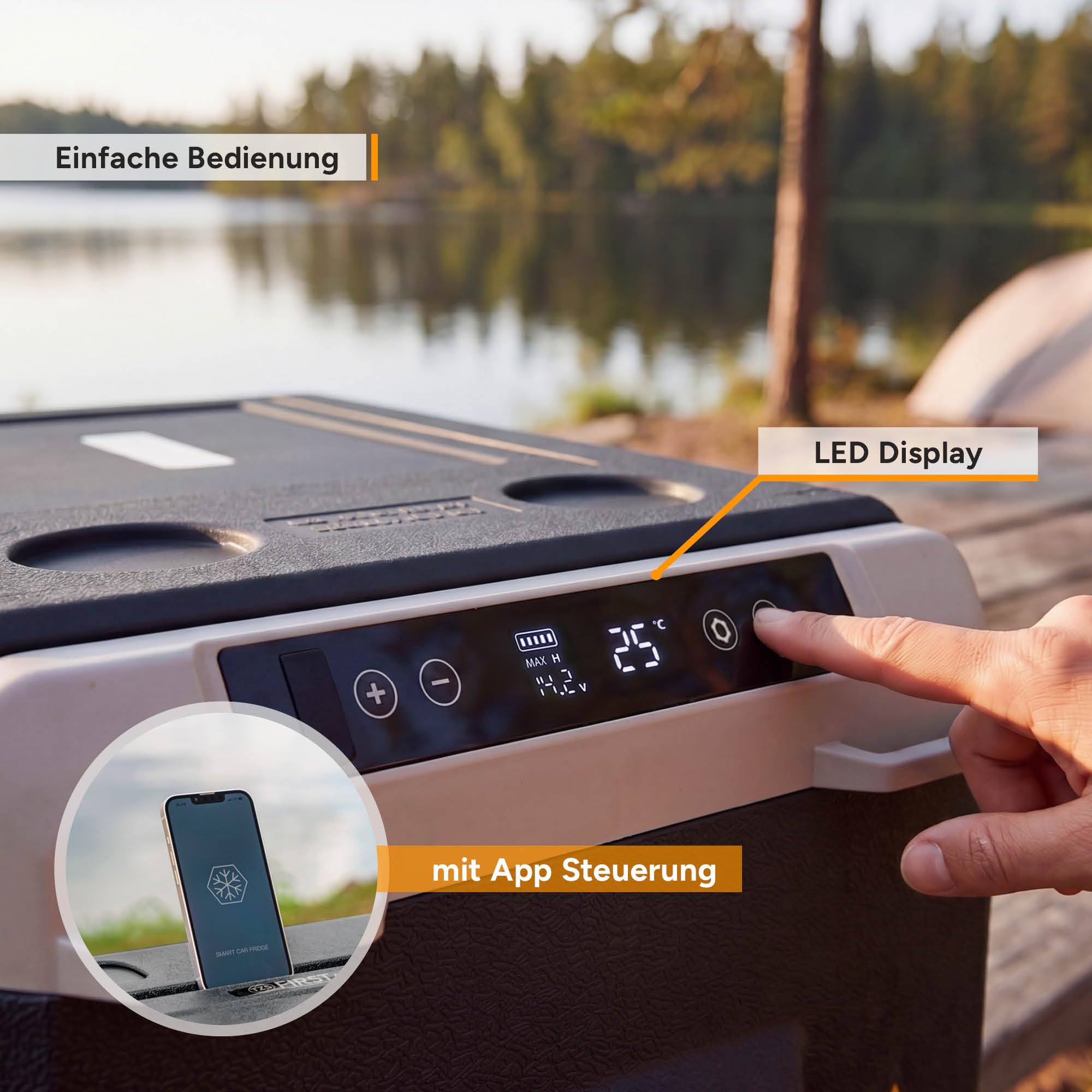 TZS First Austria - Kompressor-Kühlbox 40L - Energieklasse B - Kühlung bis -20°C - App per Bluetooth - 12/24V & 230V - USB-Ausgang - Trolley & Vollzubehör – Schwarz