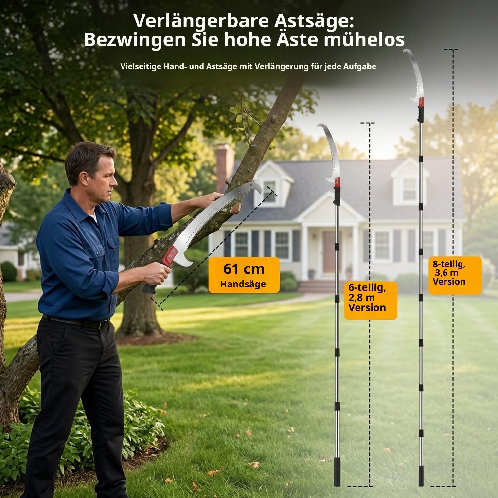 Baumsäge mit Verlängerung 3,6m | Leichtgewichtige Astsäge aus Edelstahl & Manganstahl | Rutschfester Griff für sichere Baumpflege | Astschneider für Garten, Forst, Hof & Terrasse