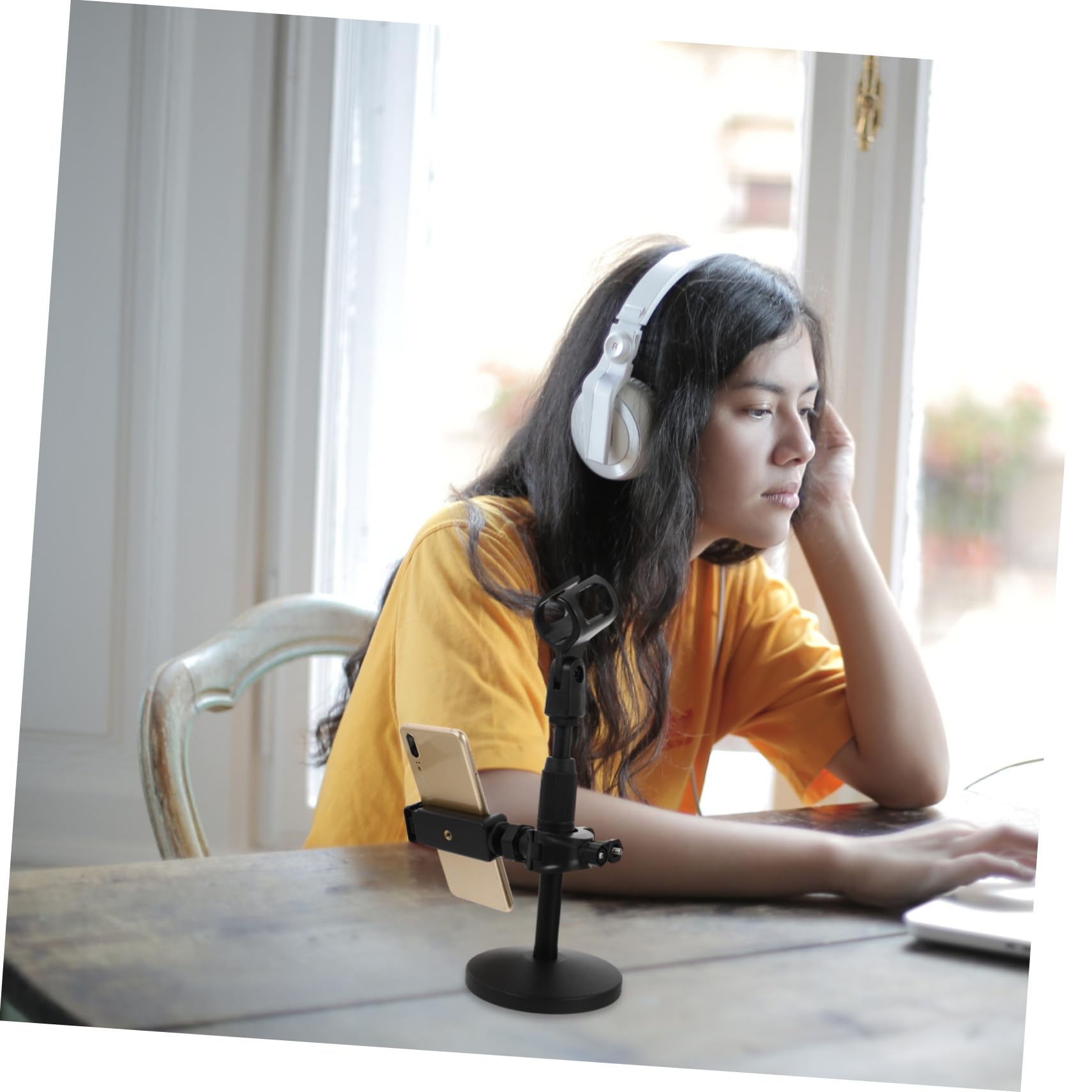 1pezzi Supporto Microfono Regolabile Con Porta Smartphone Asta Da Tavolo Per Conferenze Streaming e Insegnamento Struttura Robusta e Facile Da Trasportare
