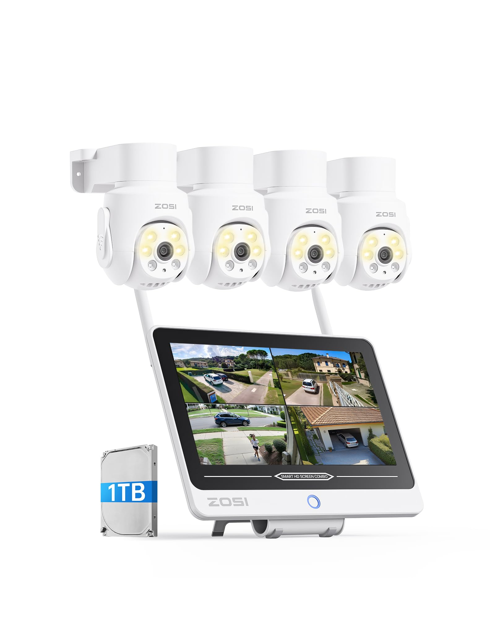 ZOSI 5MP Kit Cámaras de Vigilancia WiFi6 con 12” Monitor, 8CH 4K NVR y 1TB HDD con 4X Cámara IP Exterior Pan y Tilt de 360°, Detección y Seguimiento de Personas, Audio Bidireccional