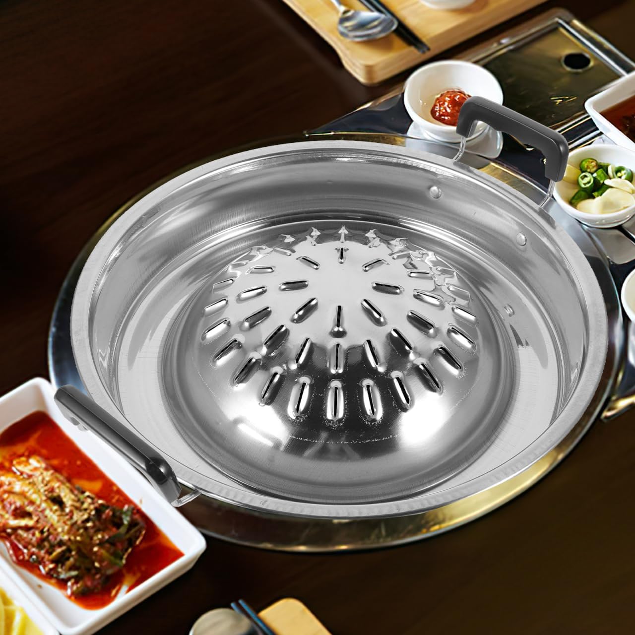 ABOOFAN Korean Bbq Grill Pan Stainless Steel Barbecue Stove Portable Round Grill Plate for Outdoor Cooking Meat Vegetables Bulgogi Tabletop