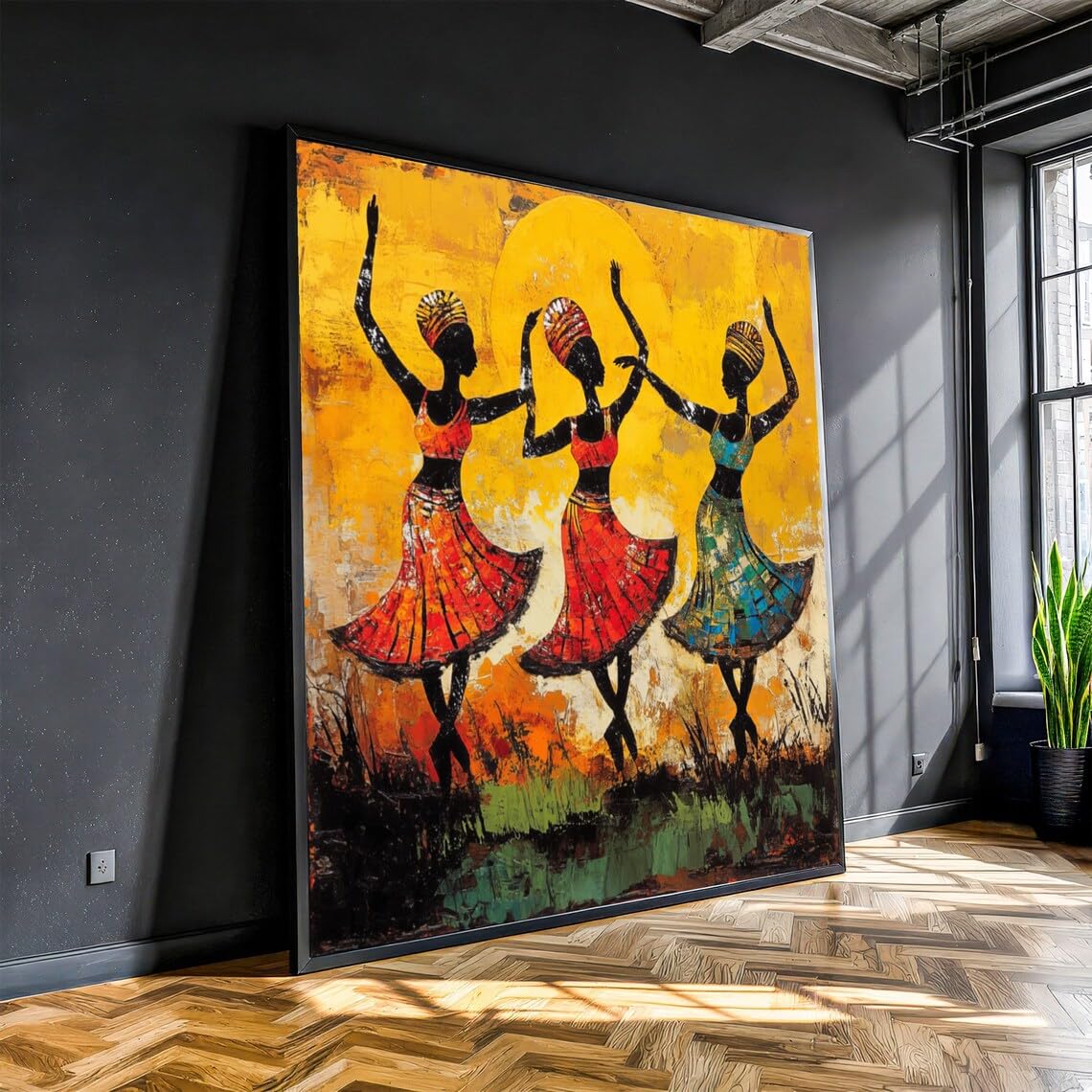 XINBAO African Dance Scene, Colorful Skirt Canvas, Ethnic Dance Canvas Wall Art, Sunlit Silhouettes Canvas, Home Decor Painting(45x45cm/Frameless)
