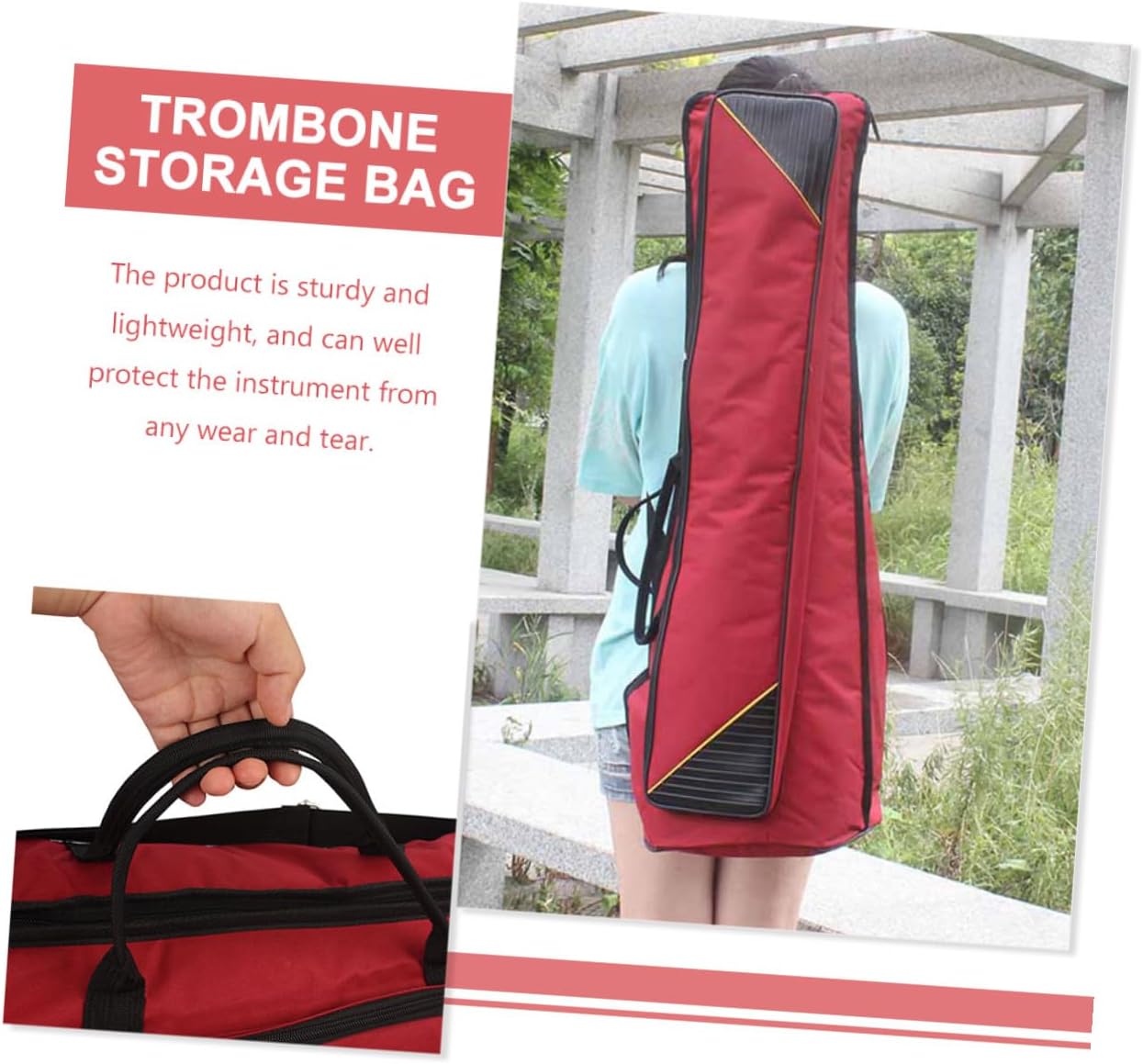 FRCOLOR Thickened Waterproof Oxford Cloth Tenor Trombone Storage Bag with Handles, Portable Red Trombone Holder Case for Music Travel and Instrument Protection