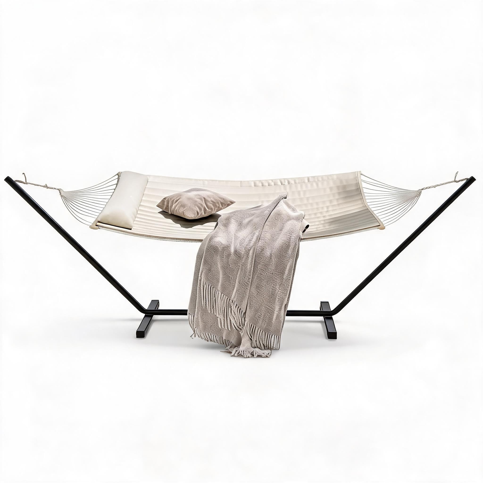 Double Hammock with Stand, Fabric Pad Pillow Hardwood Spreader Bar, 12FT Foldable Steel Frame Portable Hammock Indoor Outdoor Backyard Patio