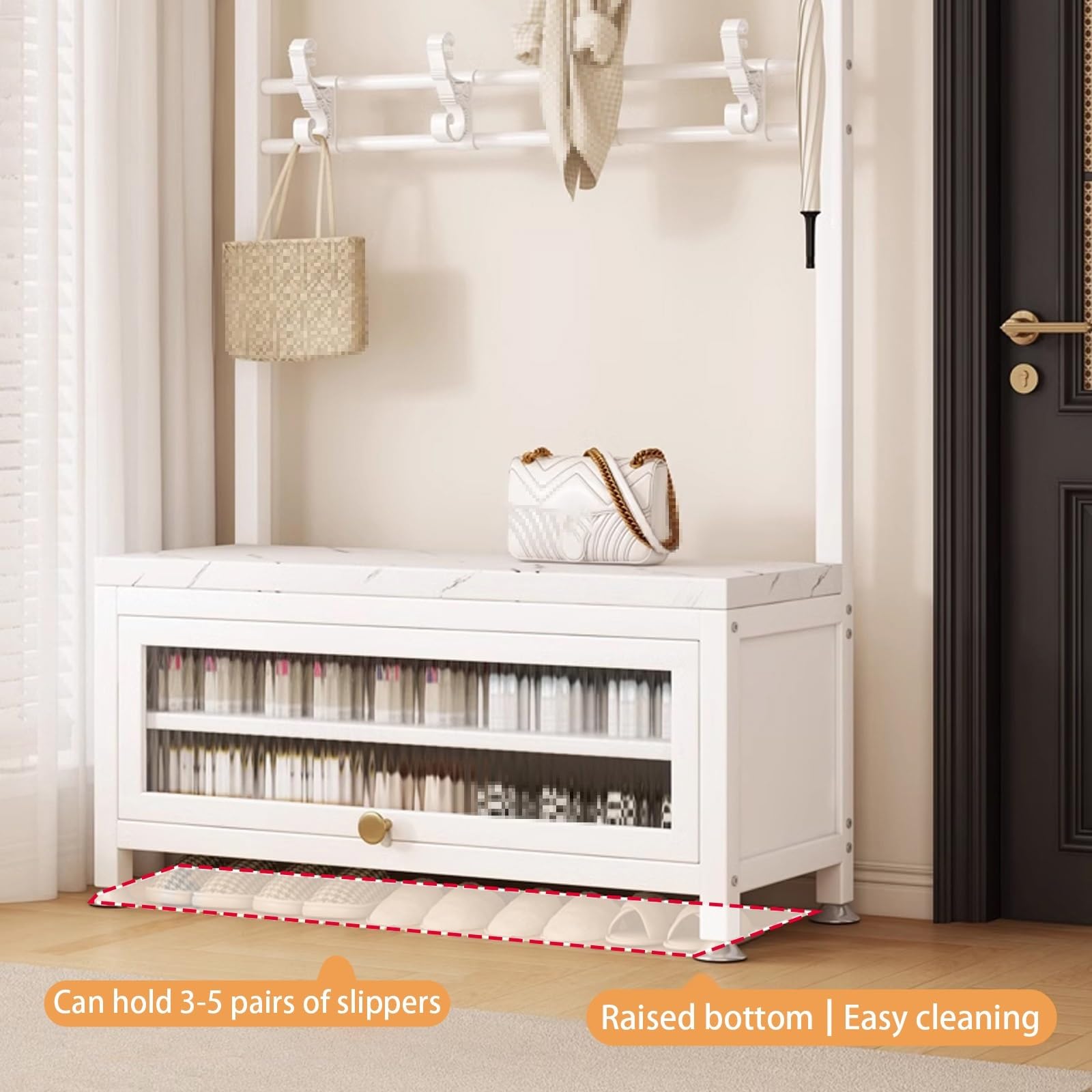 Perchero de Pie Blanco con Estante de Almacenamiento, 6 en 1 Perchero Entrada Recibidor con Banco de Almacenamiento, Mueble Recibidor para Dormitorio o Sala de Estar(Black,100cm/39in)
