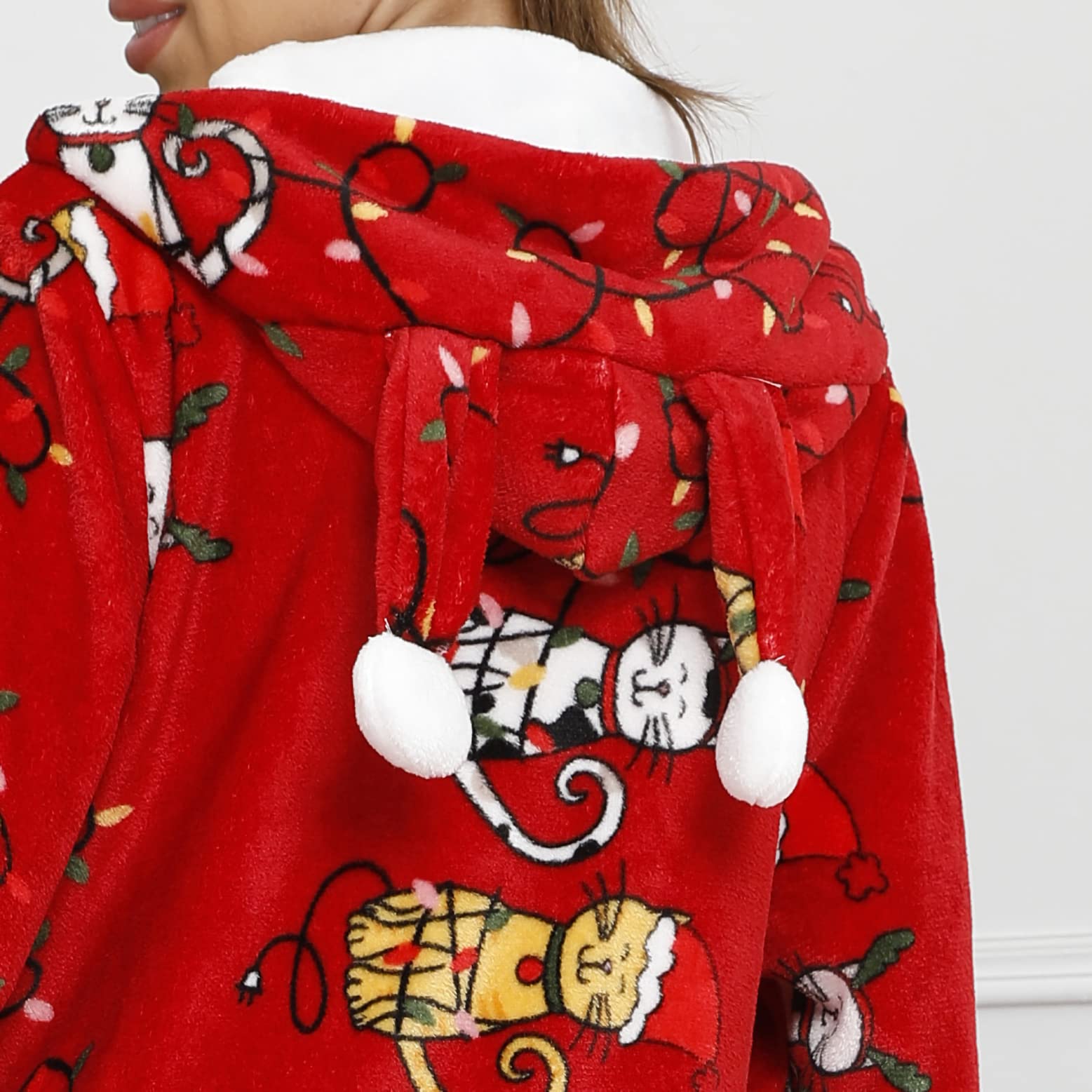 Tuta da donna invernale natalizia, calda, tuta intera per adulti, cosplay, in pile, con cappuccio e chiusura lampo