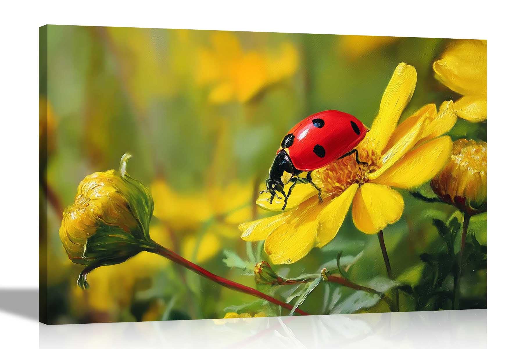 Artley Prints - Ladybird Pollinating Yellow Flower Canvas Wall Art Modern Framed Prints For Living Room Bedroom Hallway Pictures 60 x 40cm (24 x 16 inches) A2