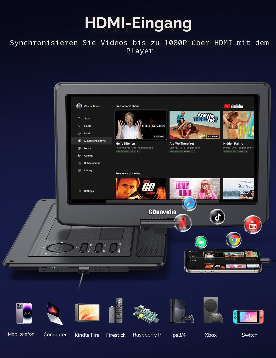 GOnavidio Tragbarer DVD-Player mit 40,6 cm (18 Zoll) großem Bildschirm, eingebauter 5H-Akku, 1600 x 900 hohe Auflösung, unterstützt HDMI-Eingang, Synchronisationsbildschirm, USB/TF, letzter Speicher