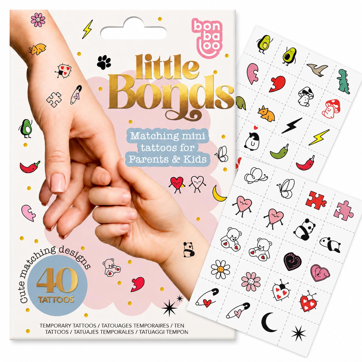 Matching Temporary Tattoos for Parents and Kids – Little Bonds 40 Pcs, 20 Designs – First Day of School & Mommy and Me Bonding Gift – Waterproof, Pre-Cut Mini Tattoos for Boys and Girls Ages 3+