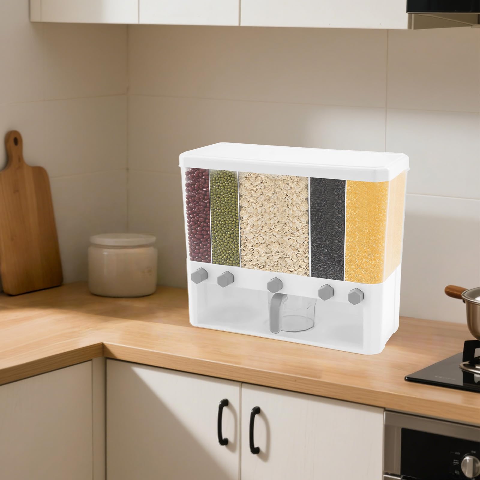 Contenitore per riso a 5 scomparti, dispenser di cereali con misurino e 5 coperchi rimovibili, contenitore per alimenti secchi, portata 15 kg, per riso, pasta, avena, fagioli, cucina, 42 x 19,5 x 35,2