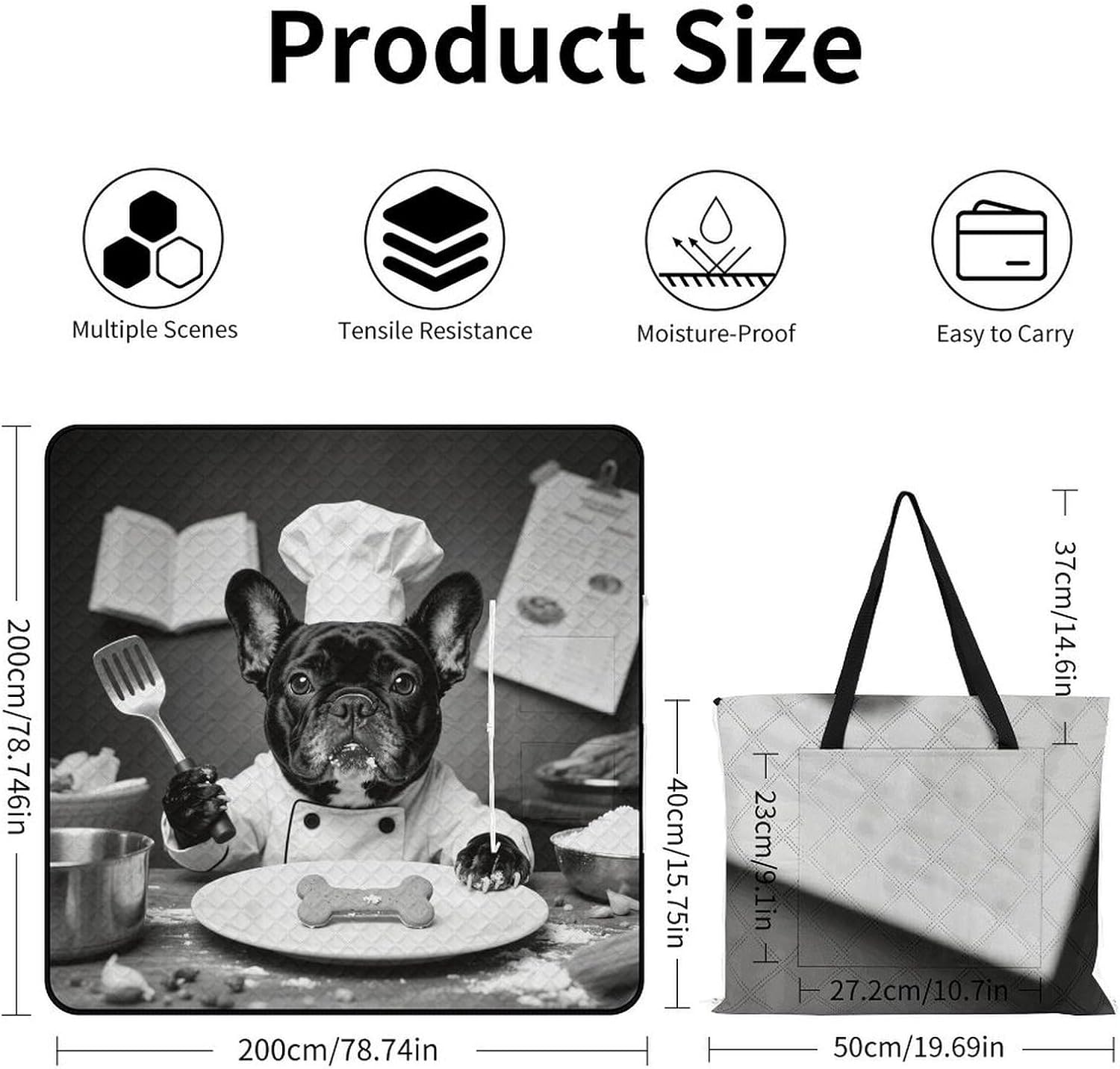 Funny Dog Picnic Blanket 200x200cm, Foldable 2-in-1 Picnic Mat and Tote Bag Portable Waterproof Beach Mat Sandproof Outdoor Blanket for Park, Hiking, Beach, Camping, Travel