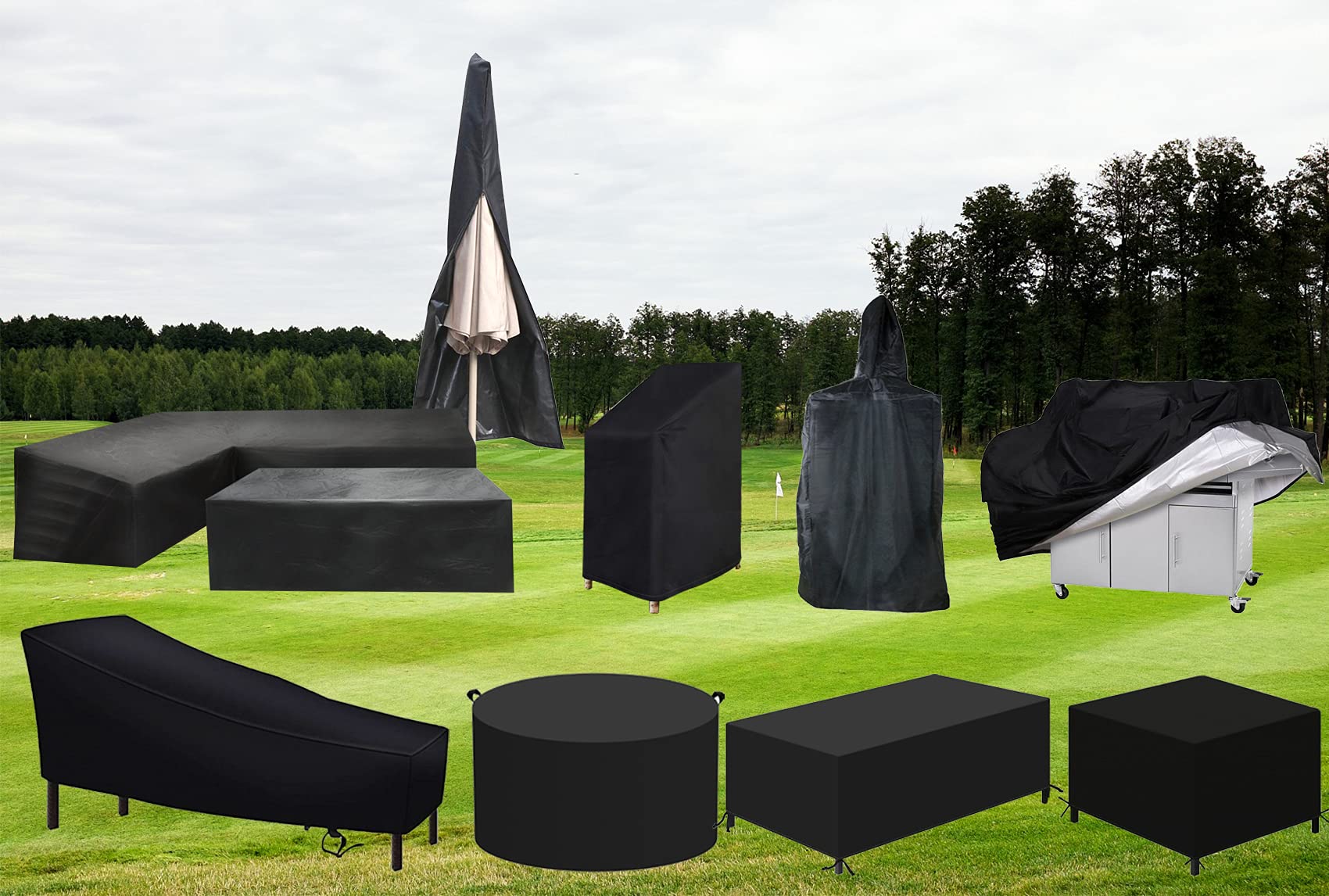 Zestaw poszewek na poduszki na meble ogrodowe – 200 x 200 x 79 cm, Oxford poliester, odporne na promieniowanie UV, wodoodporne, pyłoszczelne, łatwe zakładanie, opaska napinająca, czarna, ochrona na