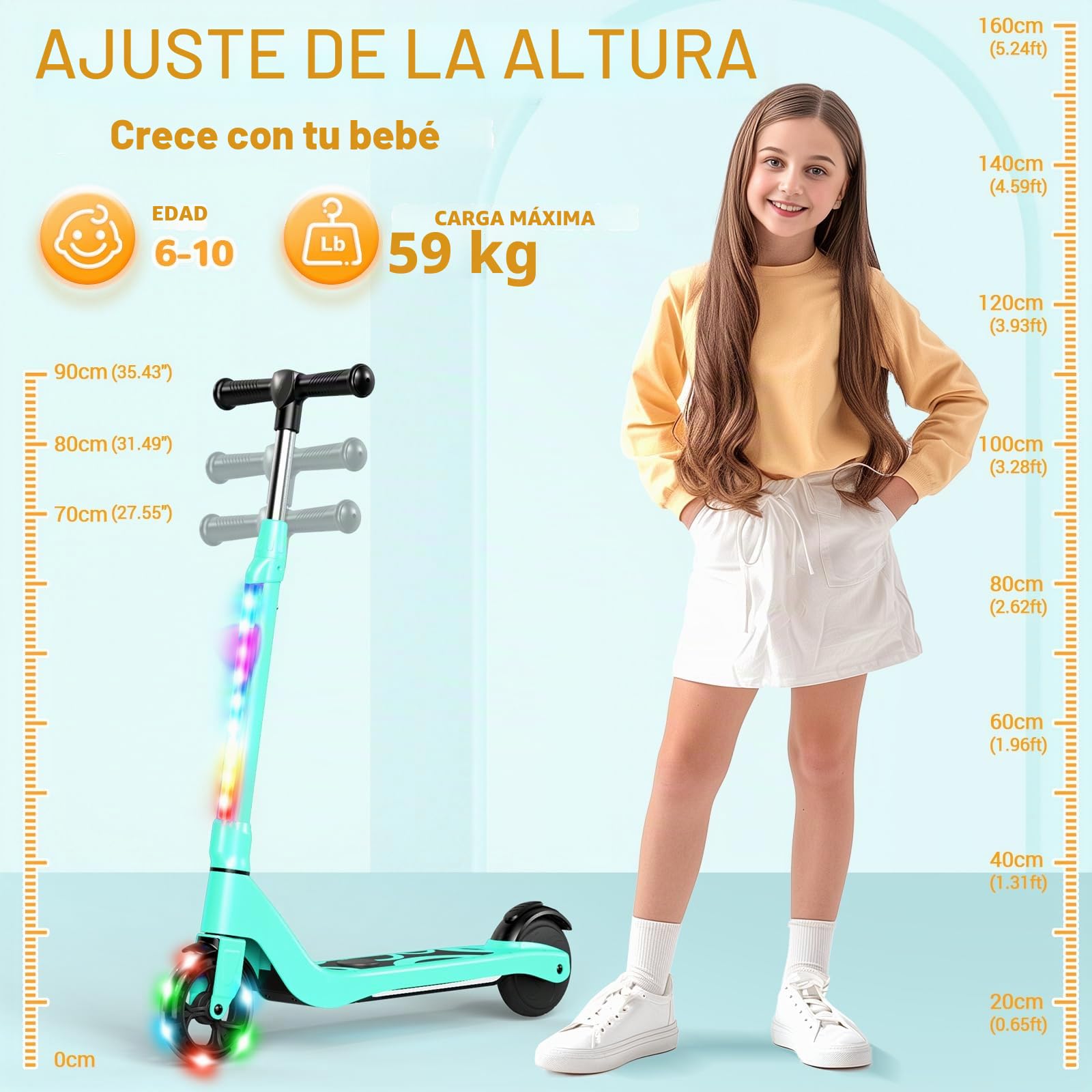 SISIGAD - Patinete eléctrico Infantil de 6 a 8 a 10 años, eléctrico para niños, 5,3 Pulgadas, con luz LED Colorida y 3 Alturas Ajustables, Scooter eléctrico para niños, Carga máxima 70 kg, Velocidad