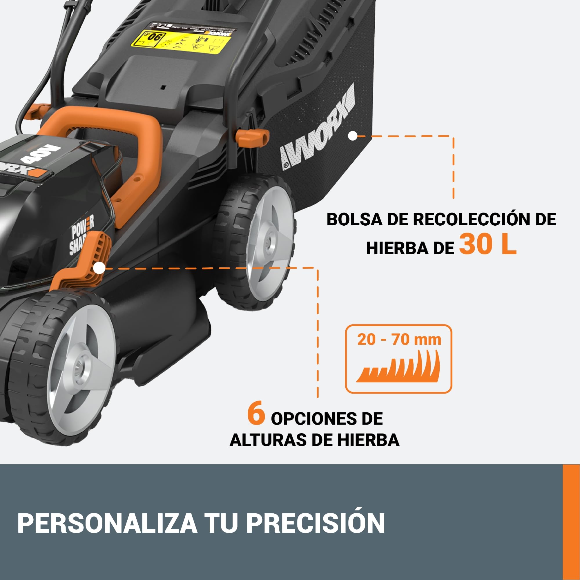 WORX WG779E.1 Cortacésped 40V 2x20V 4Ah, Ancho 34cm, Tecnología IntelliCut, Cut-to-Edge, 6 Alturas de Corte, Asa Plegable, 2 Baterías Incluidas