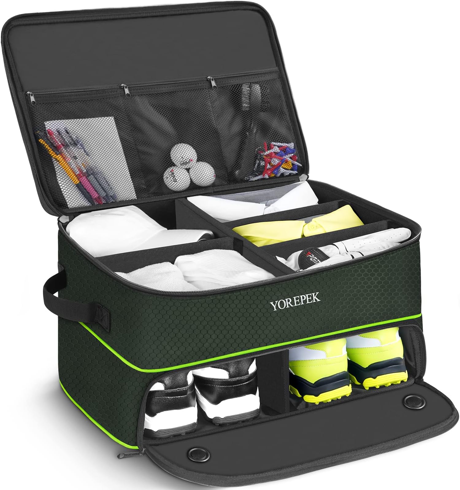 YOREPEK 2 Layer Golf Trunk Organizer, Golf Gifts for Men with Separate Ventilated Compartment for 2 Pair Shoes, Waterproof Car Trunk Locker for Balls, Tees, Clothes, Gloves, Gifts for Golfers
