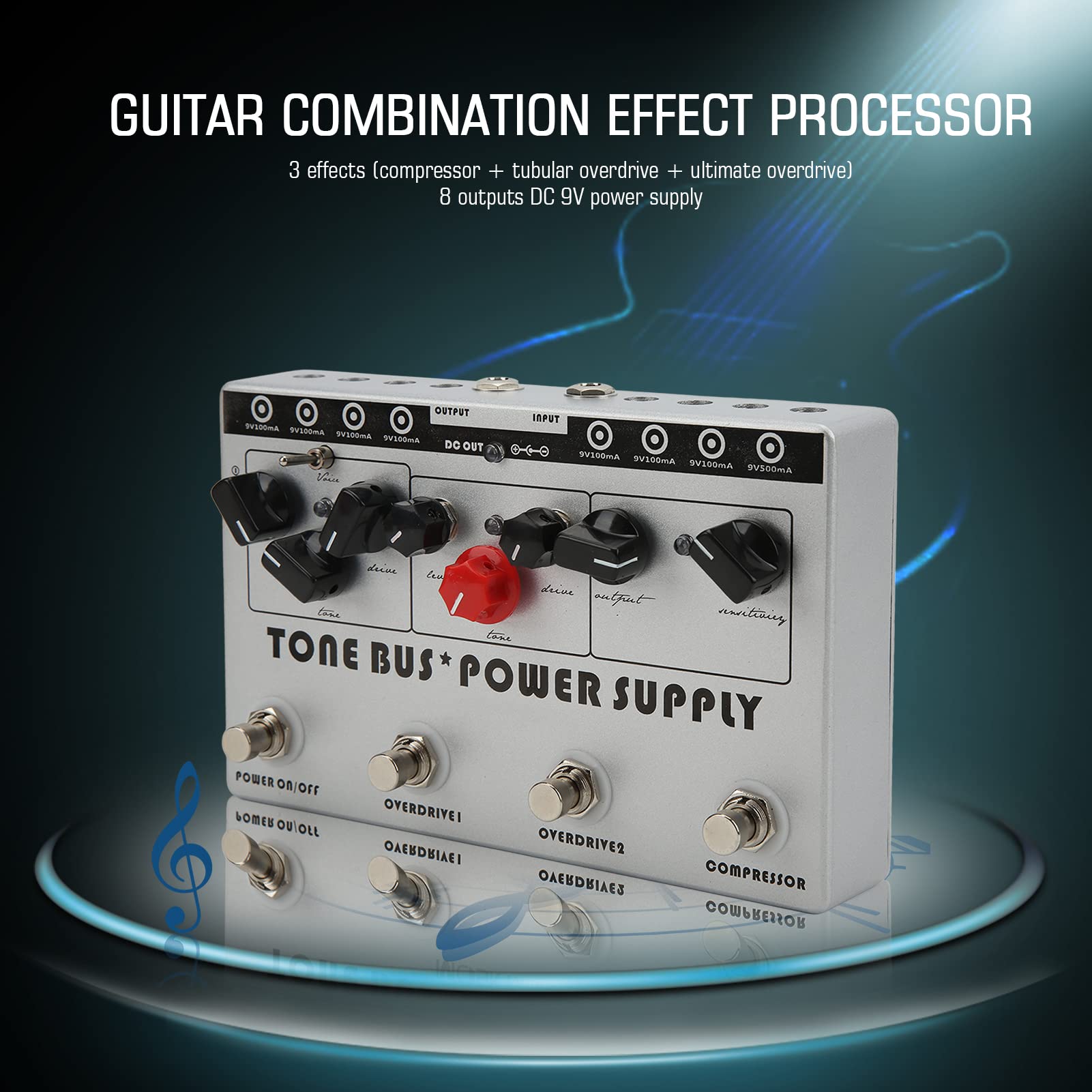 Multi Effect Processor Tone Multi Effect Procesor, Guitar Multi Effect Bus 8 Wyjściowe Zasilacz Guitar Combination Pedal Pedal Efekt Overdrive Tryb Niski Szczyt DC 9V Silver