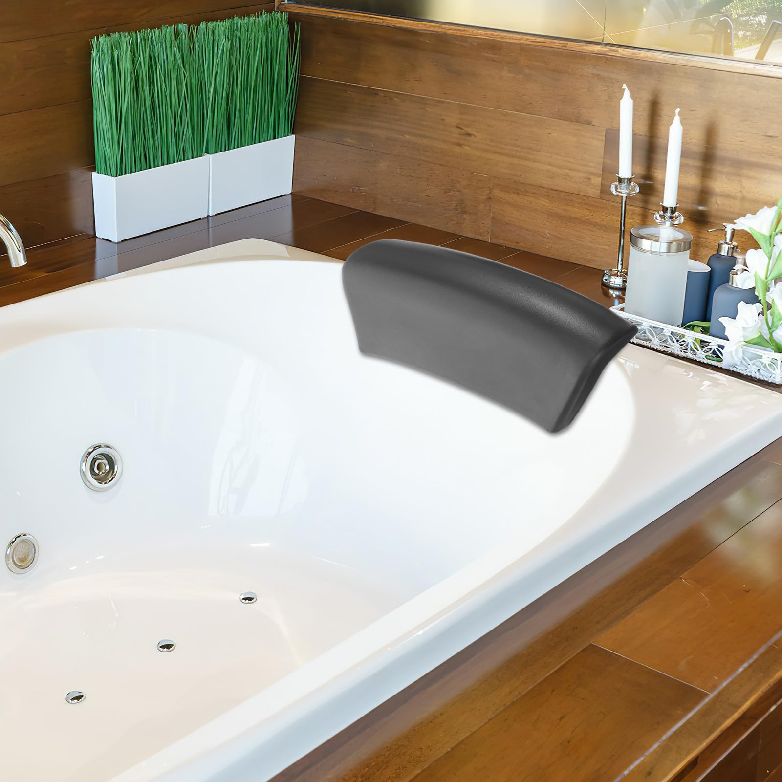 Cuscino per Vasca da Bagno Nero in Pu con Supporto per Testa e Collo, Antiscivolo con Ventose, Portatile e Facile da Installare per Relax in Vasca