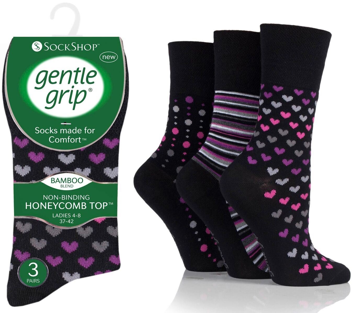 Ladies Sock Shop Gentle Grip Bamboo Socks Black Berry Mixed