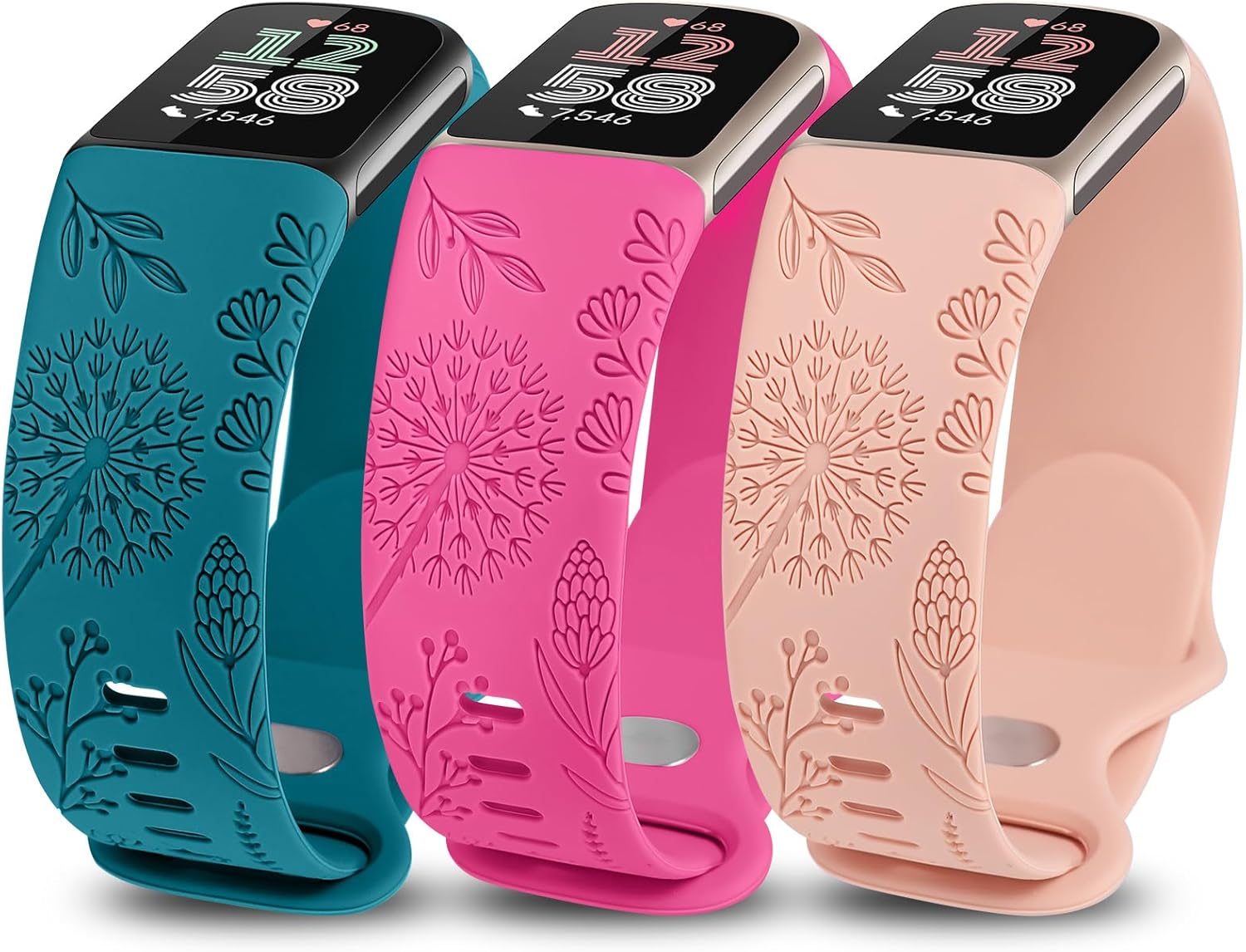 Minyee 3 Packs Floral Engraved Band Compatible with Fitbit Charge 6 Bands/Fitbit Charge 5 Bands Women, Cute Soft Silicone Dandelion Flower Pattern Sport Designer Fancy Summer Strap for Charge 6/5