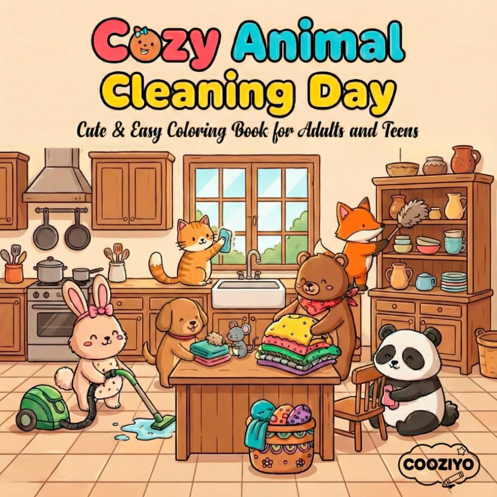 Cozy Animal Cleaning Day: Cute & Easy coloring book for adults and teens comfy and cozy coloring pages for Relaxation