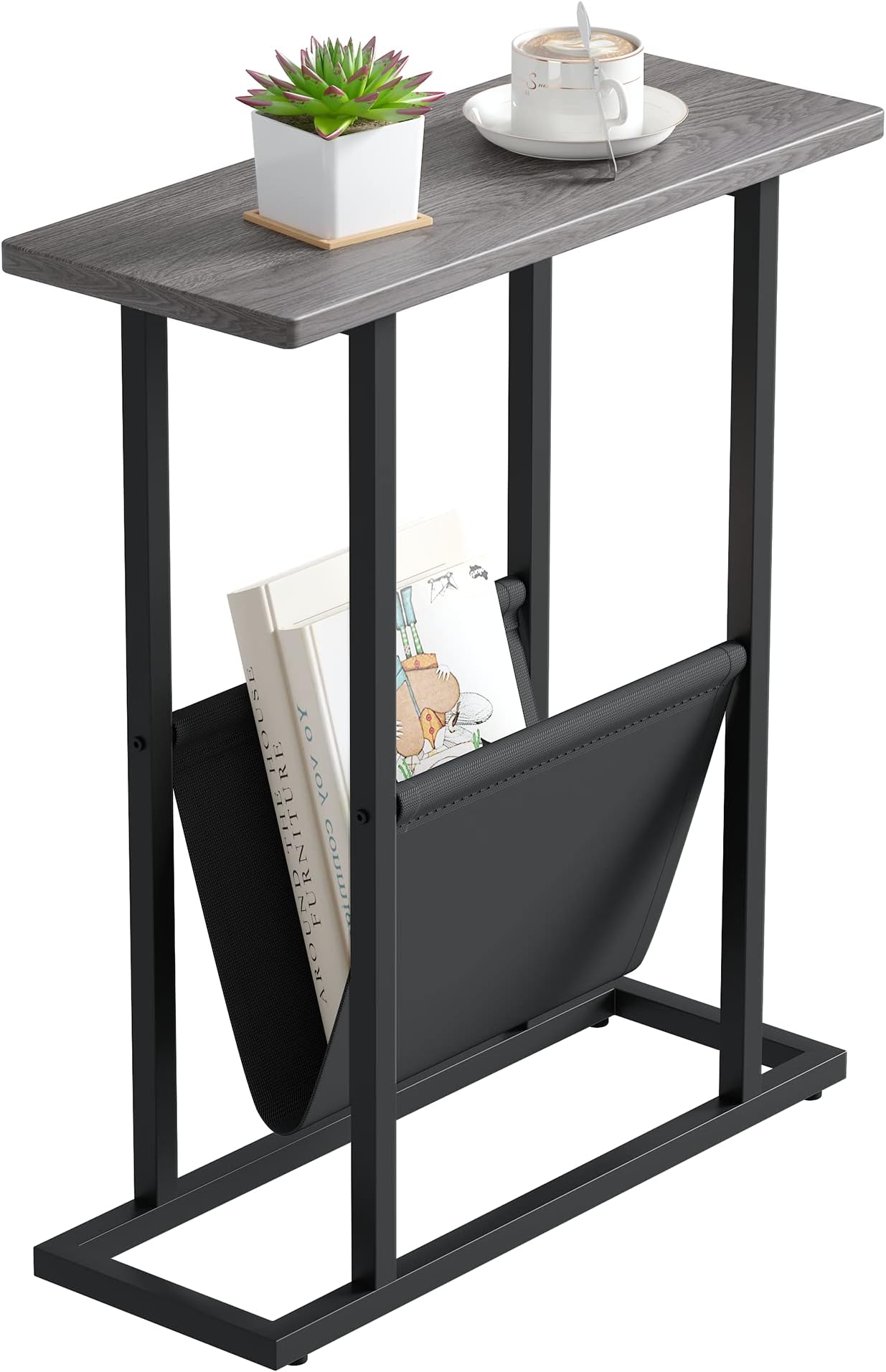 Yusong Small Narrow Side Table for Small Spaces, 17.7" W Slim End Table Magazine Table Nightstand with Storage Holder, Accent Skinny Snack Couch Bedside Table, Grey, Complete Iron Pipes