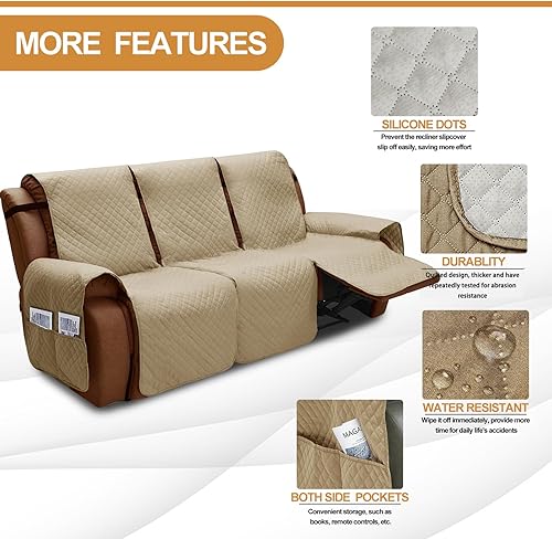 Vista 202 de XINEAGE Funda reclinable resistente al agua, fundas para sofá reclinable de 3 asientos con bolsillos, funda protectora acolchada gruesa para perros