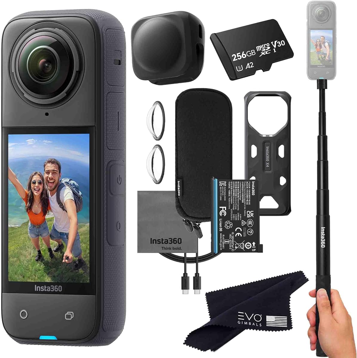 X4 Basic Bundle-Cámara de acción 360 resistente al agua 8K con sensores de 48 MP de 1/2", vídeo HDR 8K 360, foto 360 de 72 MP, lente única 4K | El paquete incluye palo selfie, tapa de lente (256 GB)