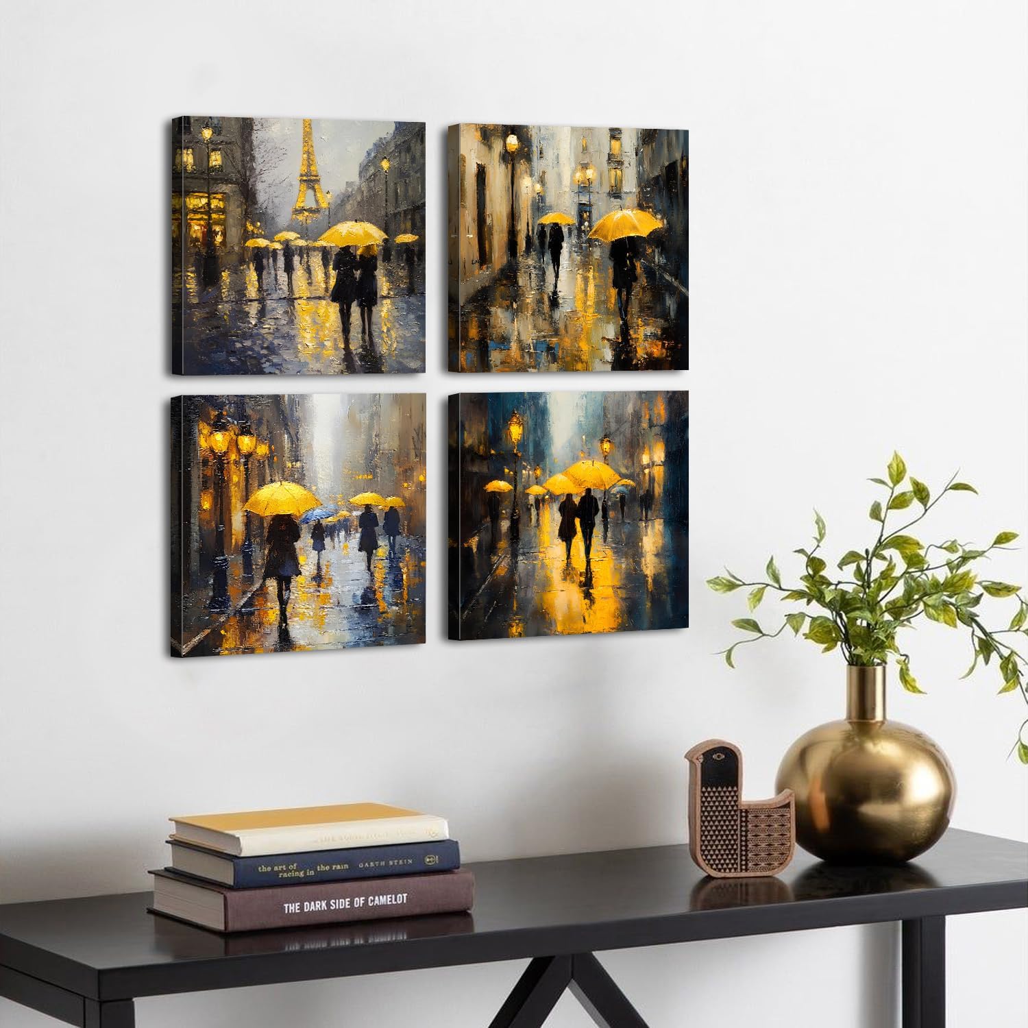 Abstract Paris Wall Art City Pictures Rainy Street Landscape Paintings Canvas Prints Yellow and Grey Wall Decor Eiffel Tower Cityscape Posters Artwork for Bedroom Living Room Home Decoration 12x12" 4P
