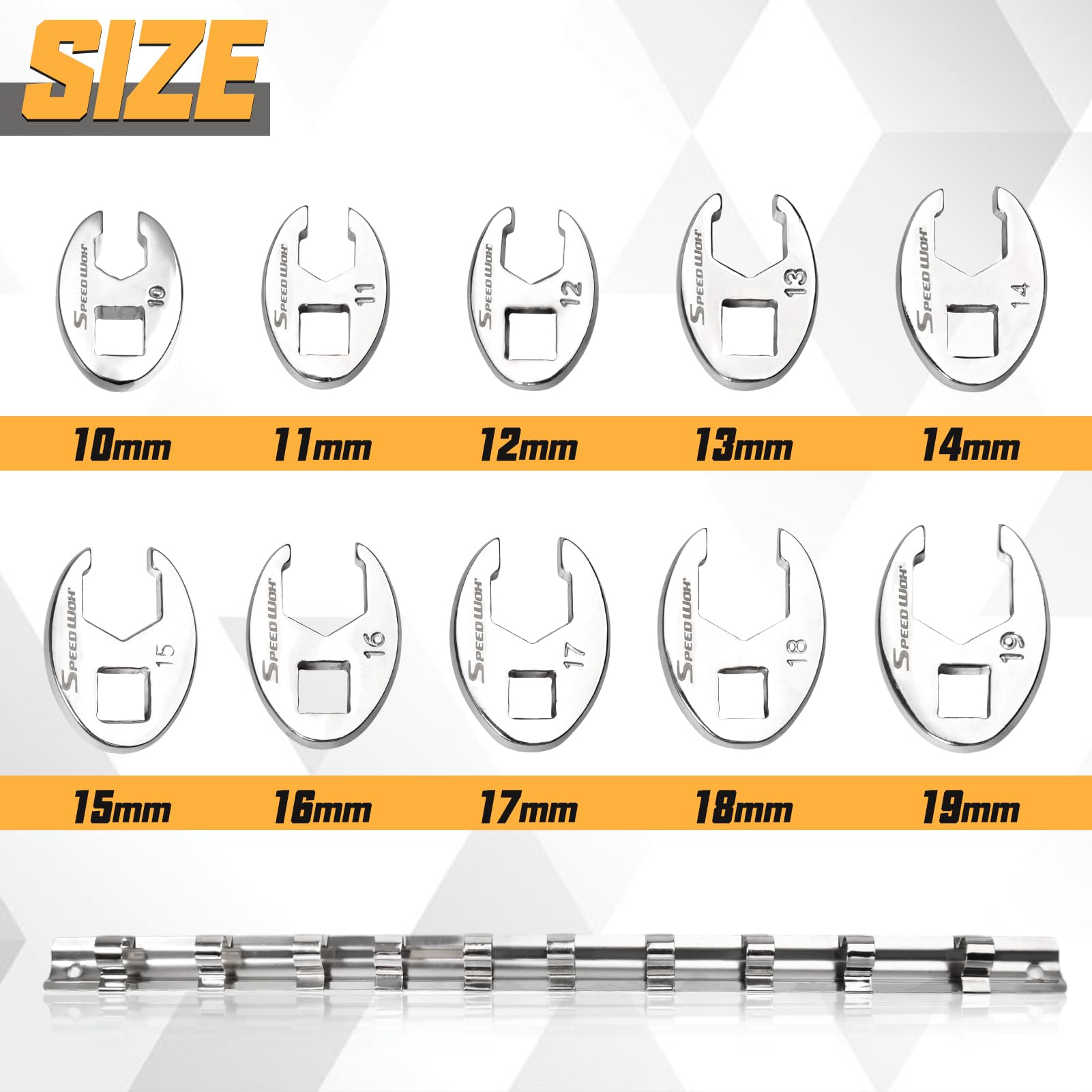 SPEEDWOX 10-Piece 3/8-Inch Drive Crowfoot Wrench Set Flare Nut Wrench Set Metric 10-19mm Open End Wrenches 6 Point Flare Nut Crowfoot Wrenches Design with Storage Rail for Nuts Removal - Image 2