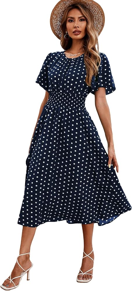 Verdusa Women's Polka Dots Print Short Sleeve Shirred A Line Verdusa Women's Polka Dots Print Short Sleeve Shirred A Line