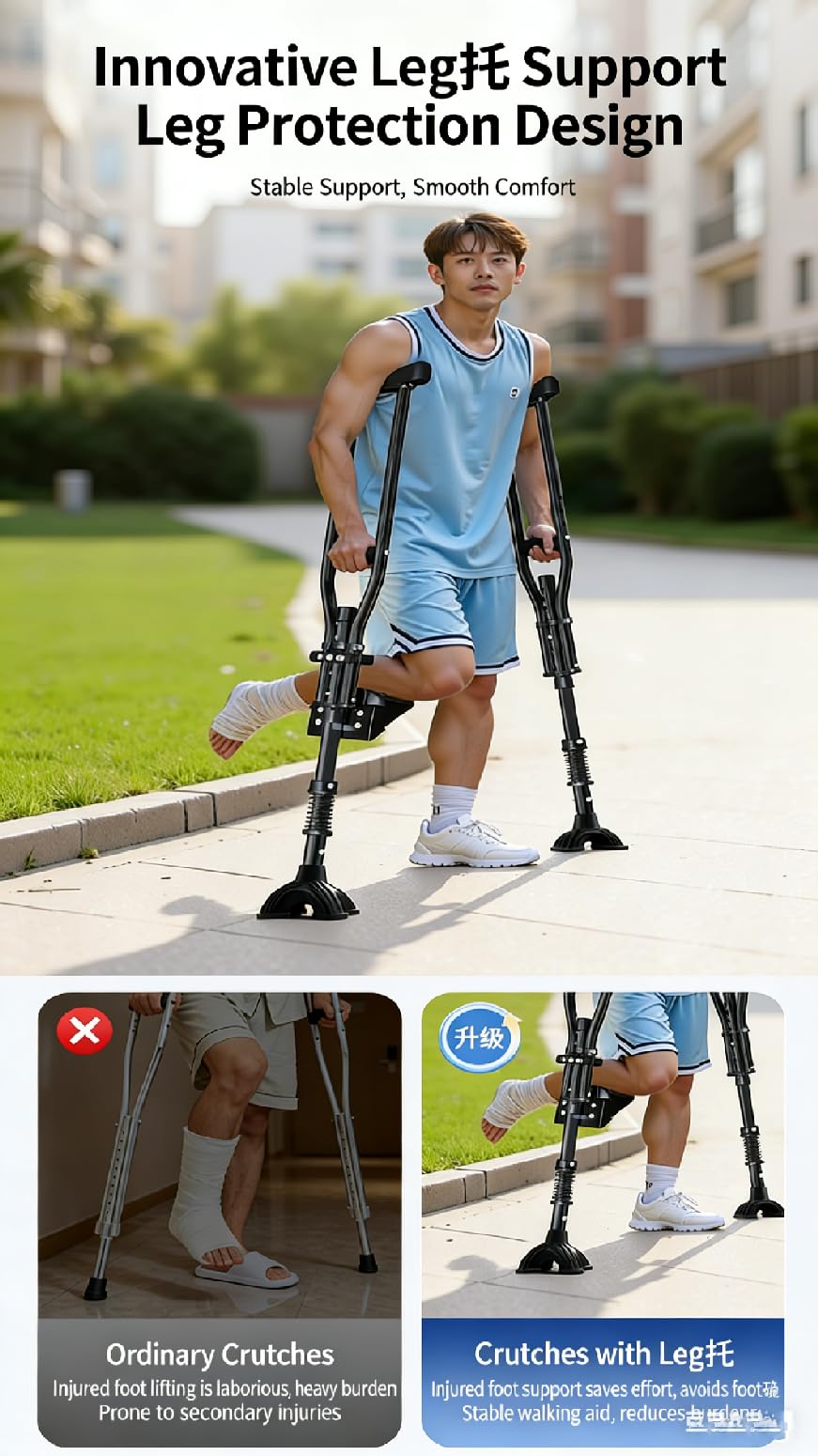 Muleta ergonómica para la rodilla. Ayuda de movilidad ligera para lesiones de una sola pierna con rodilleras de seguridad