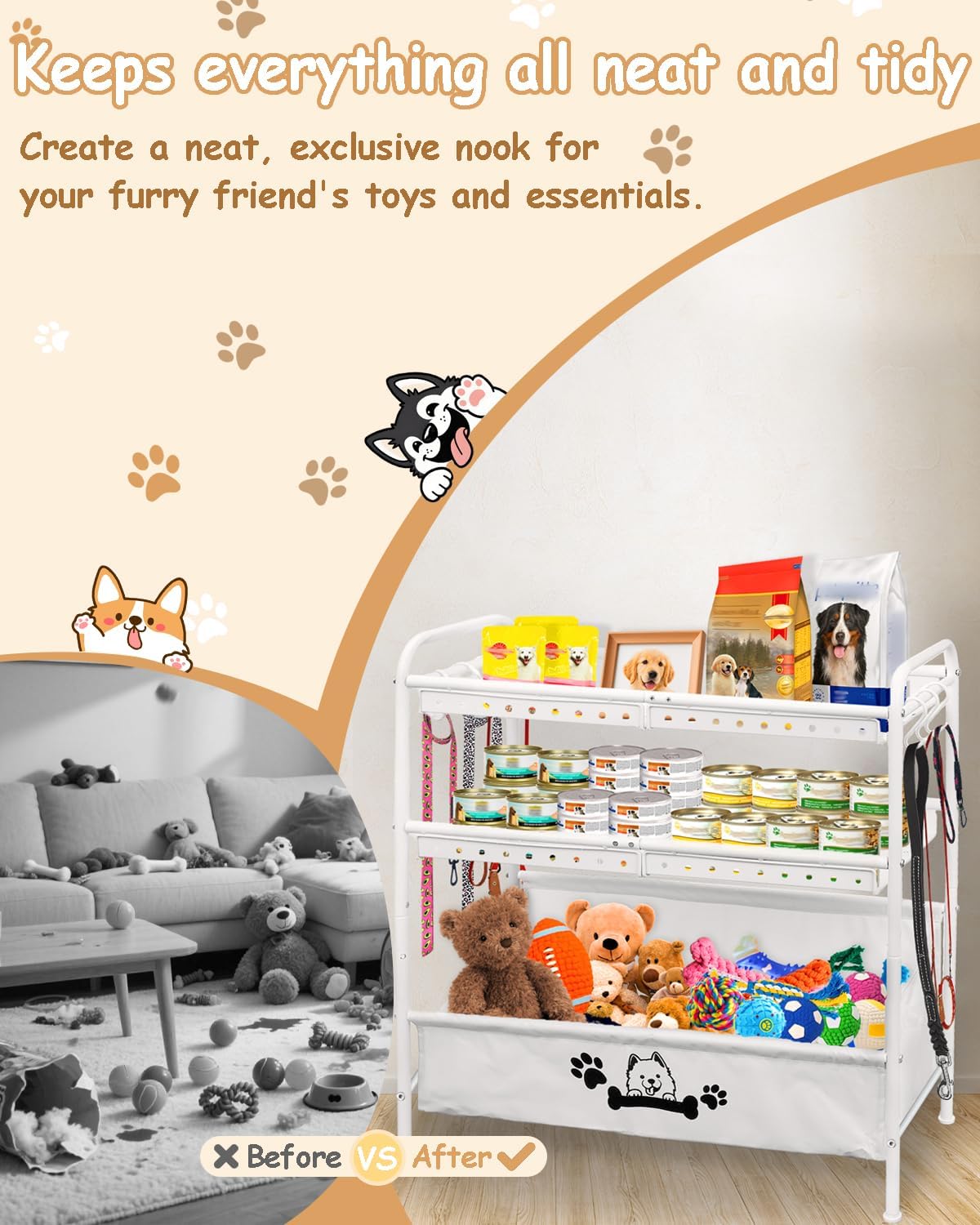 Large Dog Toy Basket, Dog Toy Bin with Storage Organizer, 3-Tier Pet Toy Box for Living Room, Toy Holder Chest for Pet Dog Cat, Multifunctional Chest Holder for Cat Dog Accessories