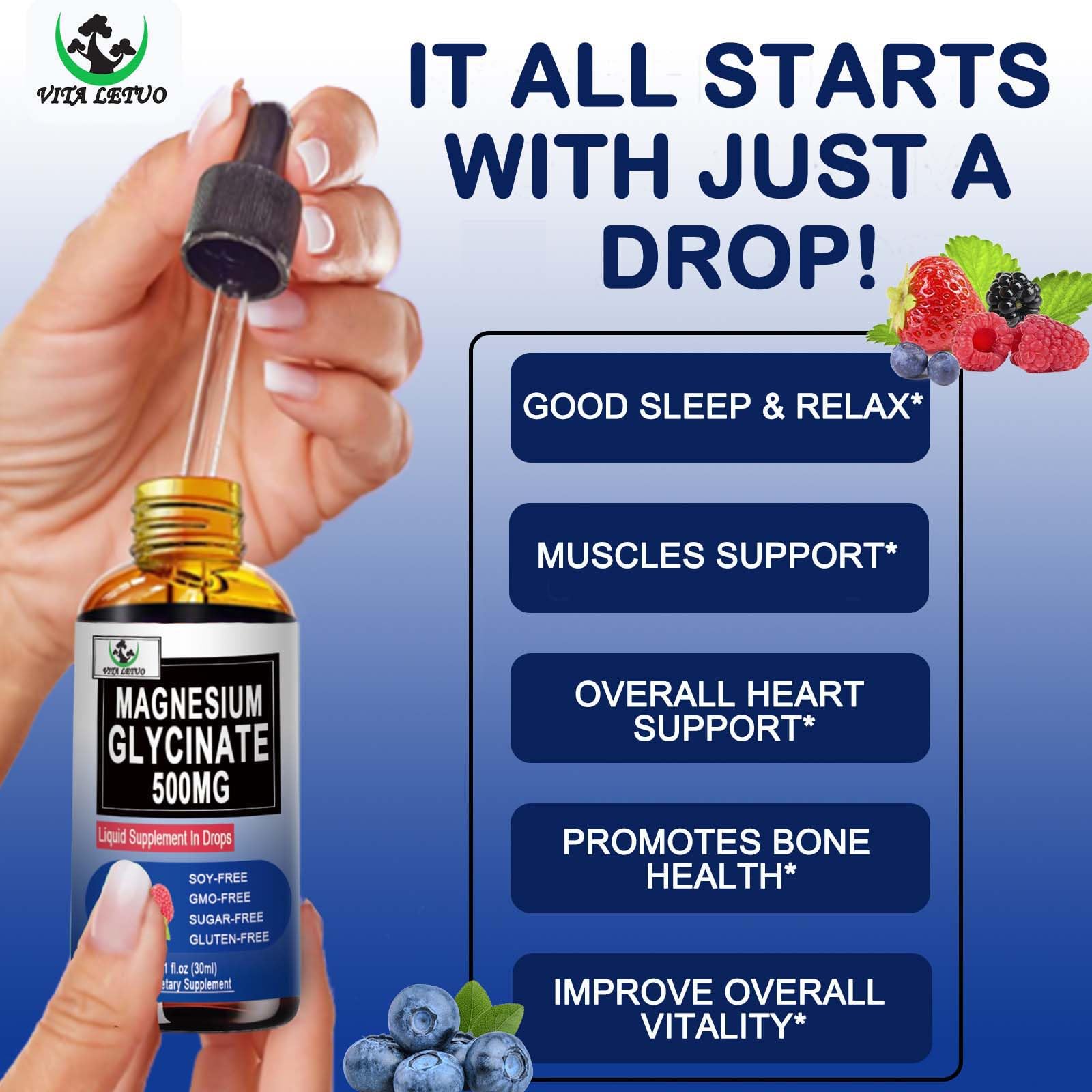 Pure Magnesium Glycinate | Liquid Magnesium Supplement 500mg for Sleep, Nerve, Bone and Heart Health | Vegan Glycinate Mag Liquid Drops 6X High Absorption | Non-GMO, Gluten-Free | 30 Servings — Amazon image 3