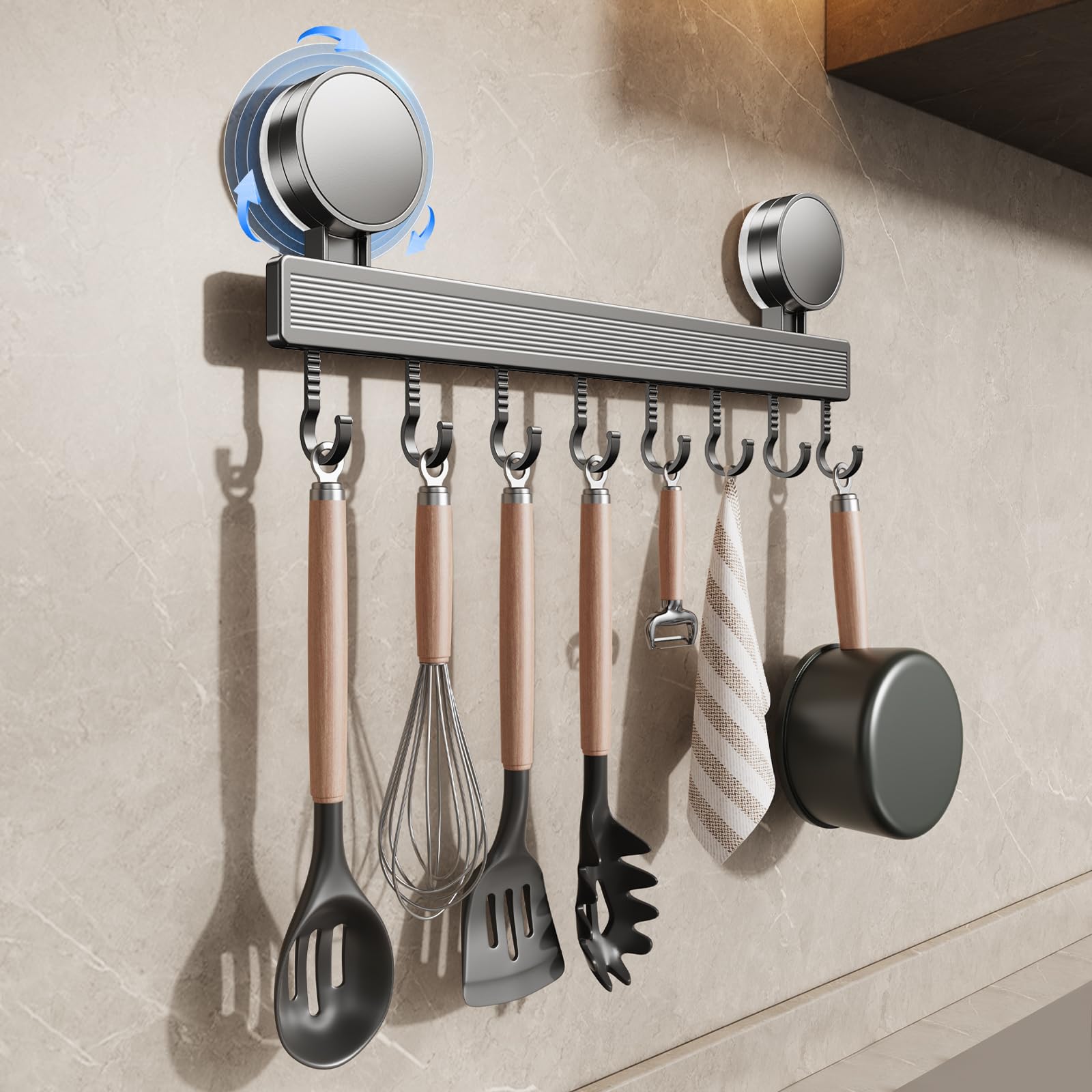 FERCOSEN Ganchos para Utensilios de Cocina con Ventosa, Sin Taladro, Desmontables, Anticorrosivos, 8 Ganchos, 40 cm, Soporta hasta 20 kg
