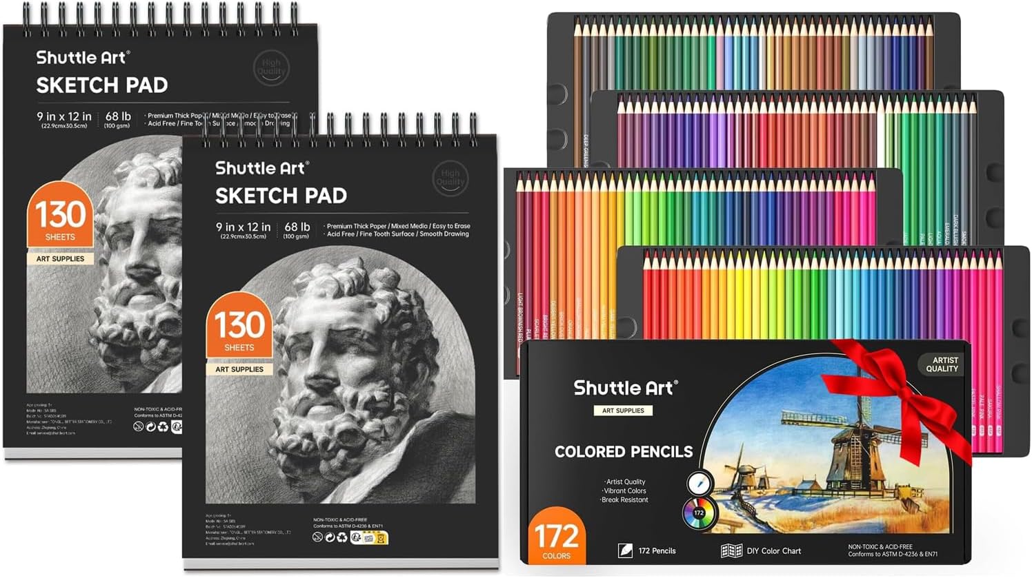 Shuttle Art Colored Pencils Bundle, Set of 172 Colors Colored Pencils + 260 Sheets Artist Sketch Books