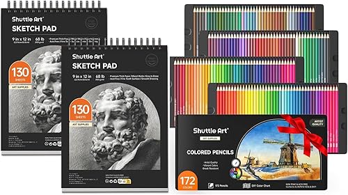 Shuttle Art Paquete de lápices de colores, juego de 172 lápices de colores + 260 hojas de libros de bocetos de artistas