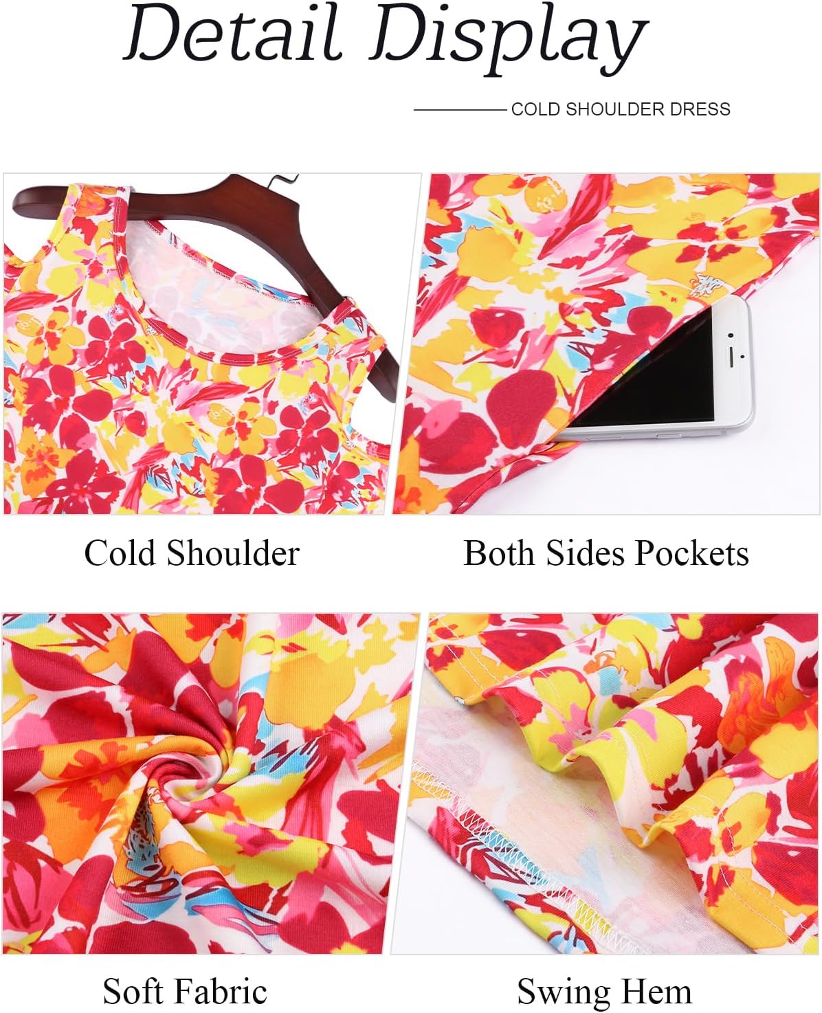 Tanst Sky Women Cold Shoulder Dress Floral Printed Short Sleeve Sundress with Pocket - Image 4