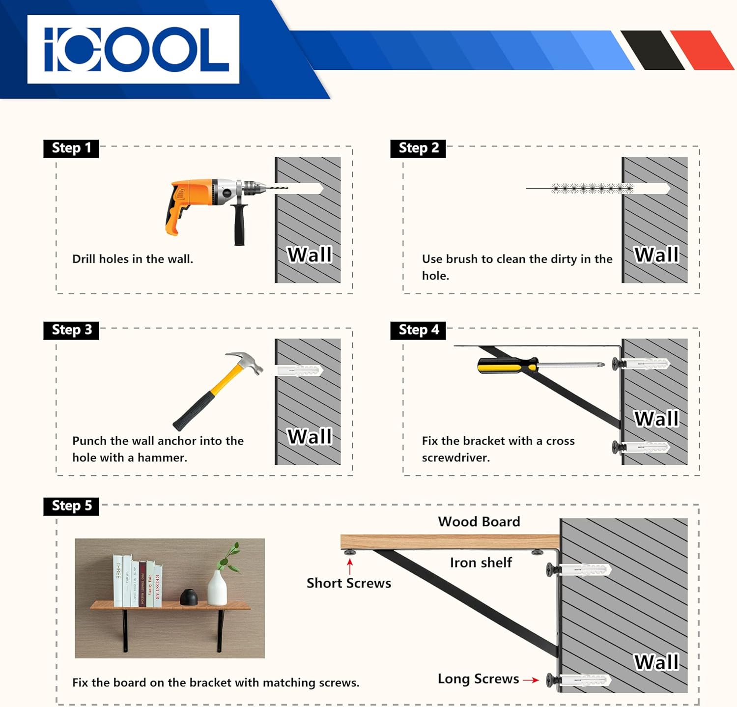 ICOOL 8 Pack 16 Inch x 10 Inch Heavy Duty Shelf Bracket, DIY Wall Floating L Shelf Brackets for Home Warehouse Garage Farm, Triangle Metal Shelf Supports with Screws