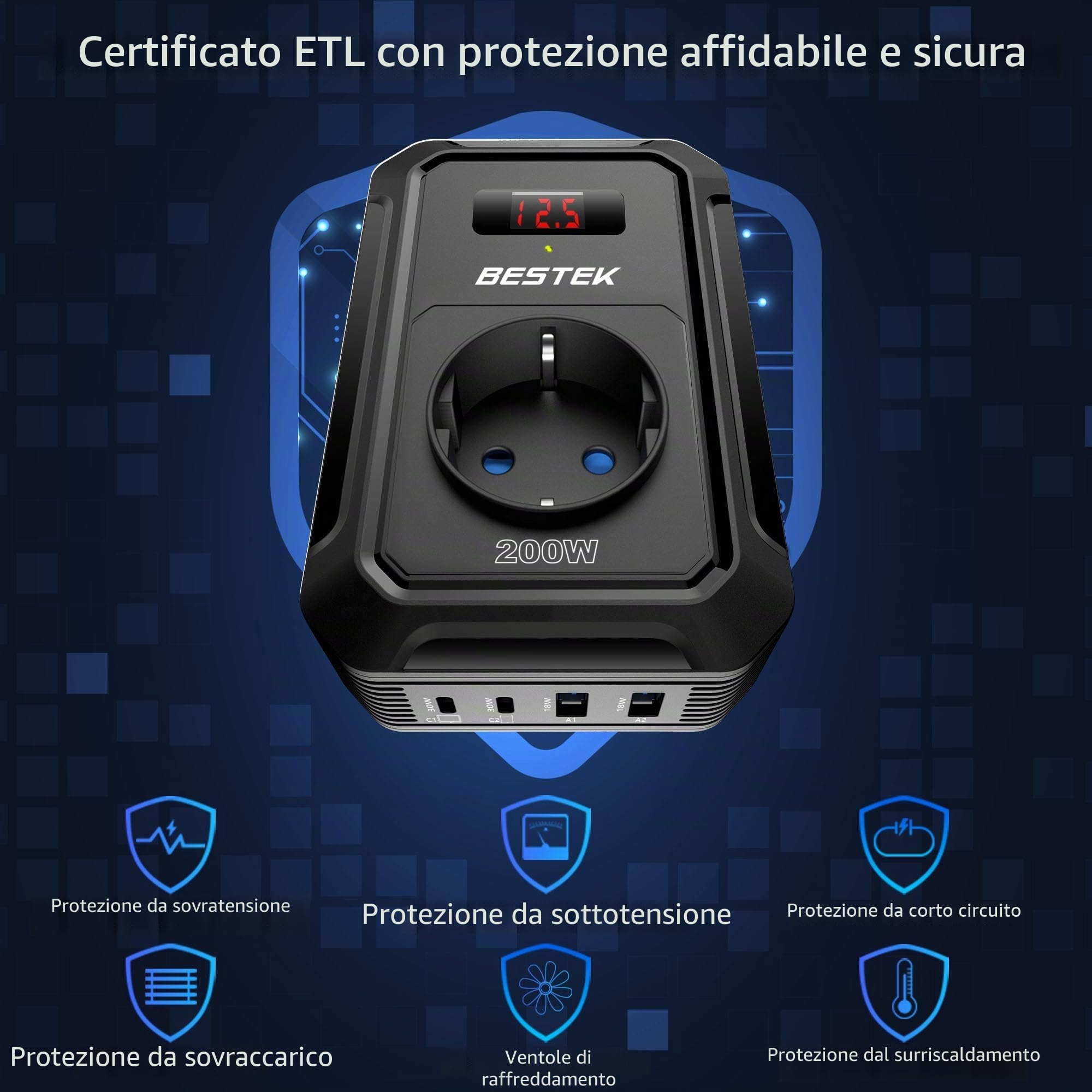BESTEK 200W Inverter 12v 220v 230V 240V Onda Pura,Inverter Auto con Prese AC 2 USB-C (2*PD 30 W) 2 USB-QC (18 W),Convertitore Potenza per Camper/Barca a Onda Sinusoidale Modificata（Nera）