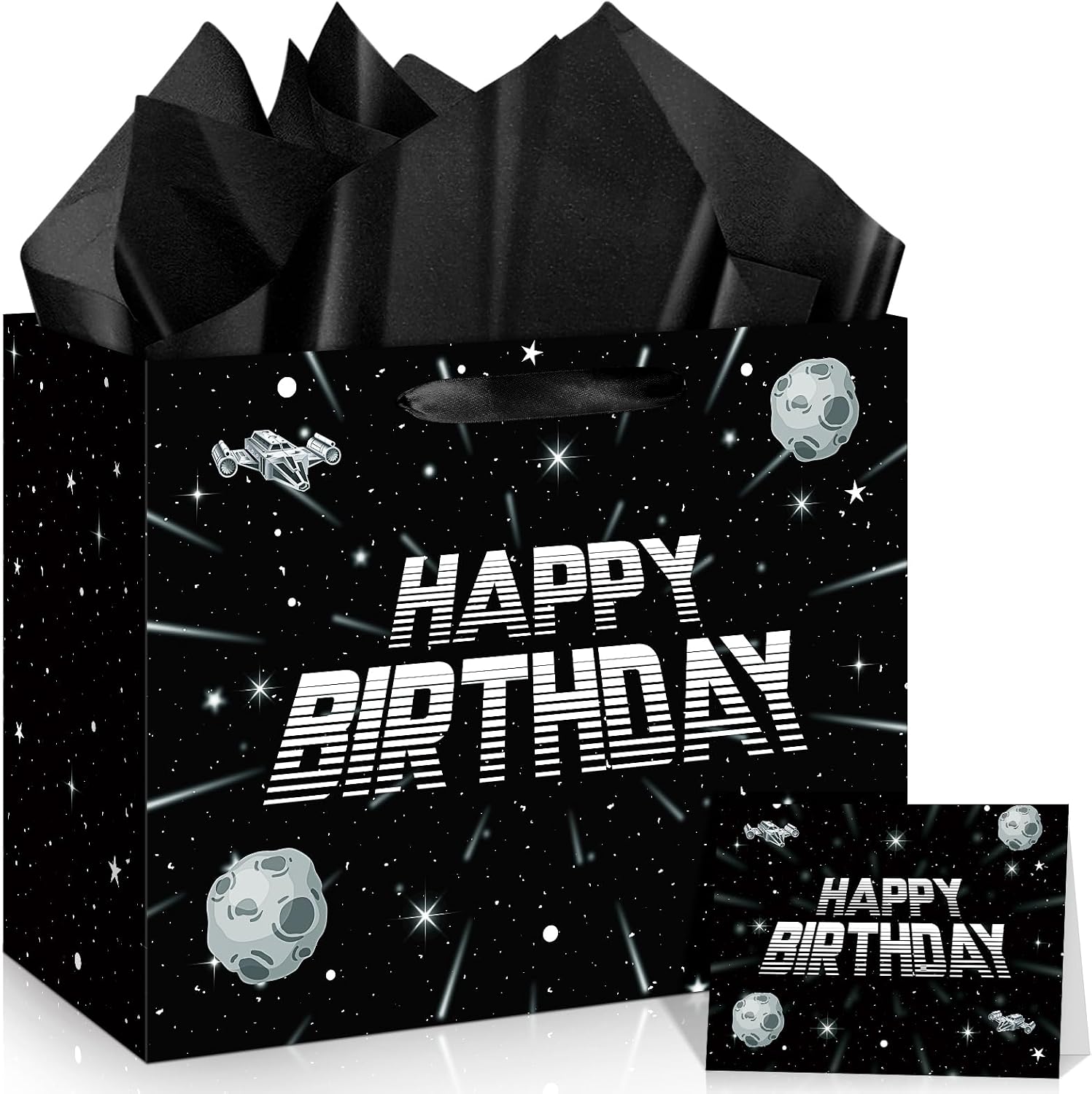 Galaxy Birthday Gift Bag Space Star Gift Bag for Kids Boys Men with Tissue Paper Greeting Card Star Theme Birthday Party Decorations Black Sliver Wrapping Paper Bag for Space Party Supplies