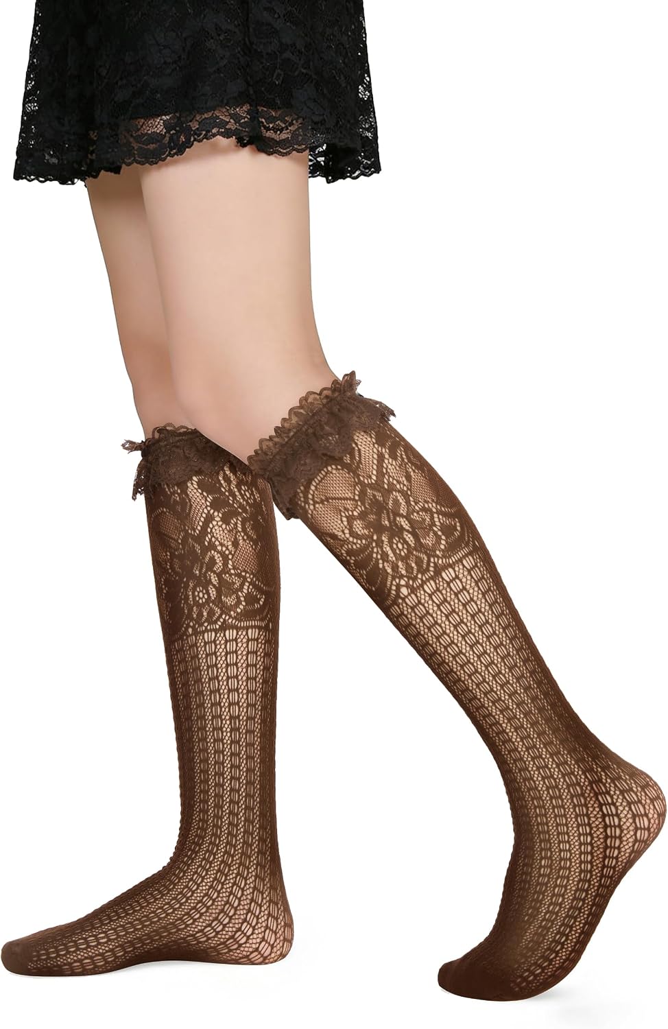 Hi Space Womens Lace Ruffle Knee High Socks Cute Frilly Mesh Knee High Stockings Fishnet Hollow Out Nylon Lolita Socks