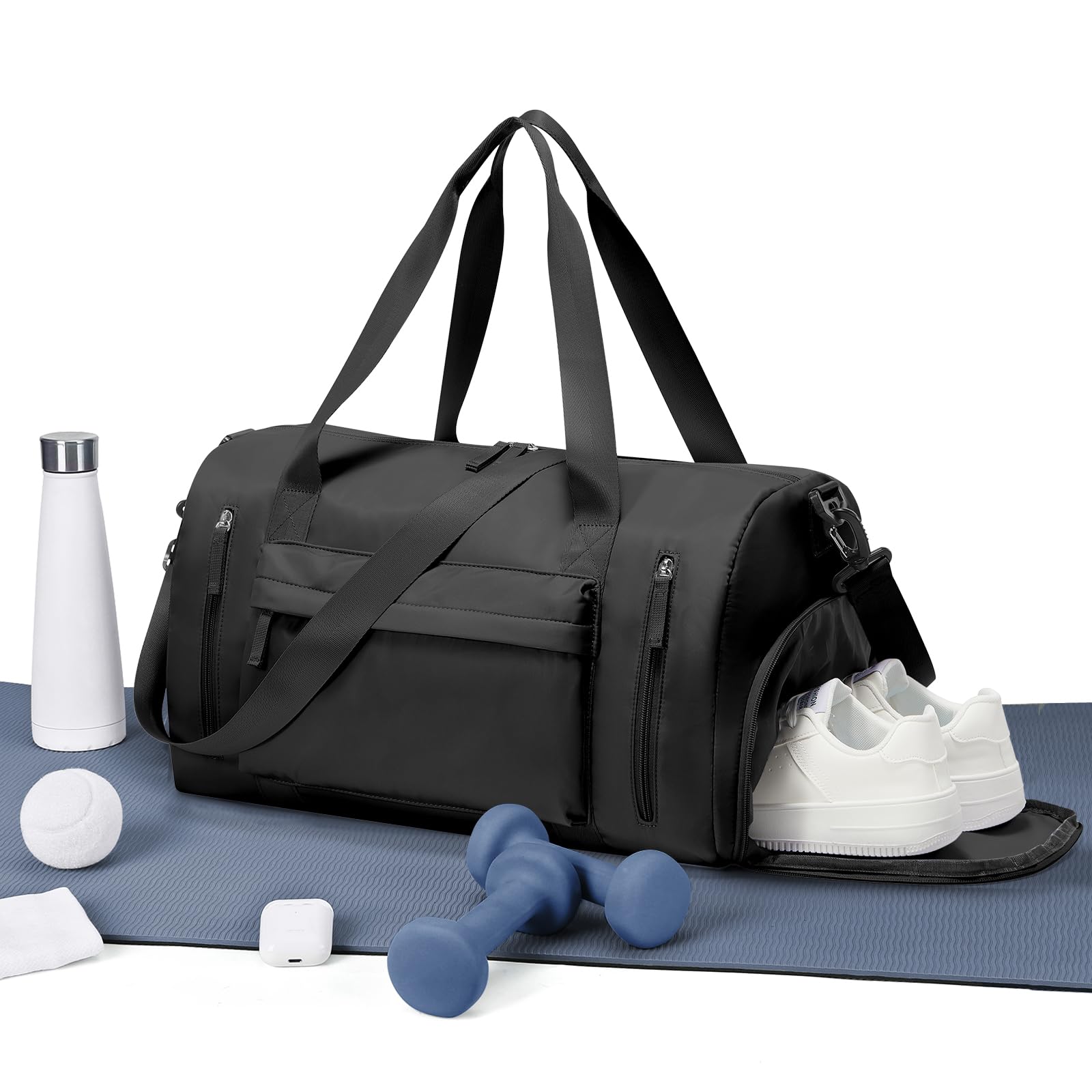 Womens Mens Sports Gym Bag Travel Bag with Shoes Compartment, Duffle Bag Weekend Overnight Bag for Women, Water Resistant Holdall Hospital Bag for Swimming Black