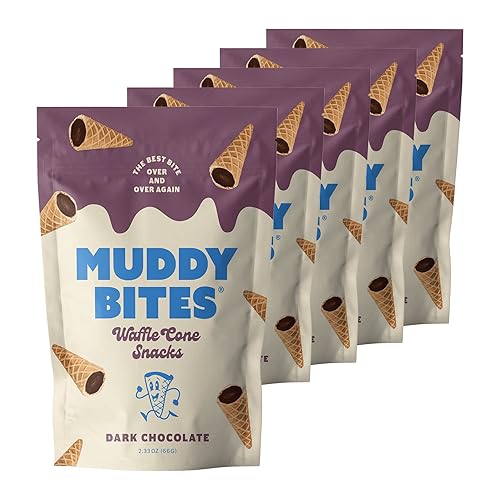 Muddy Bites Waffle Cone Snacks Bite Sized Chocolate Filled Waffle Cones for Snack or Dessert, Ice Cream Topping, Premium Chocolate made with Pure Cane Sugar, Kosher (Dark Chocolate, 5 Bags)