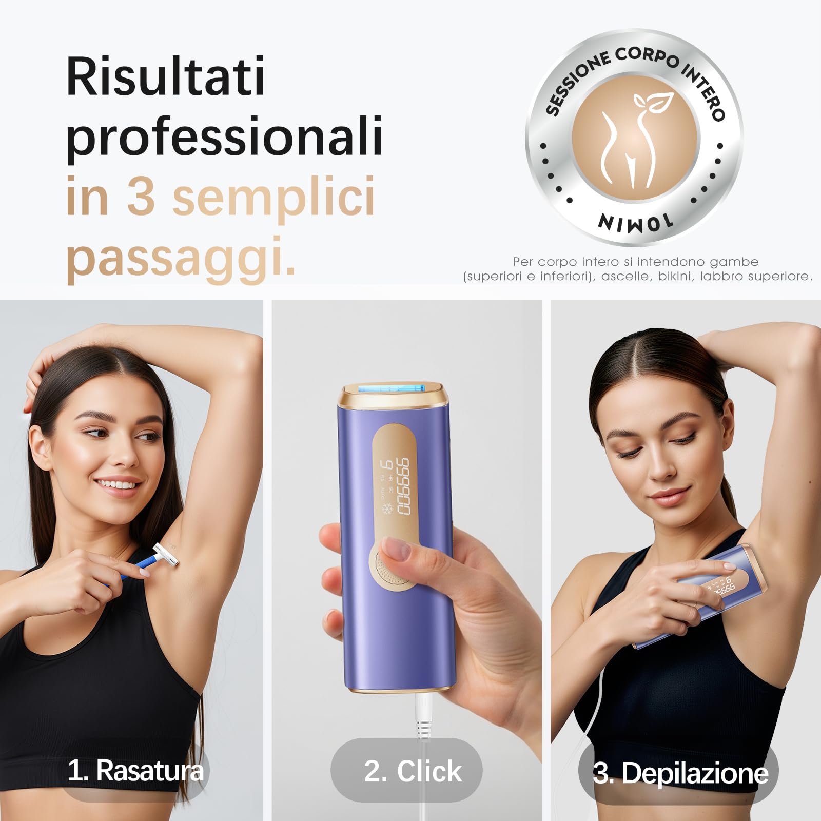 Haarlosy Epilatore Luce Pulsata con Ghiaccio, 3 IN 1 IPL Epilatore Laser per Donna e Uomo, 9 Livelli di Energia Regolabile Adatto a Corpo, Viso, Ascelle, Gambe Sensibili (Ametista)