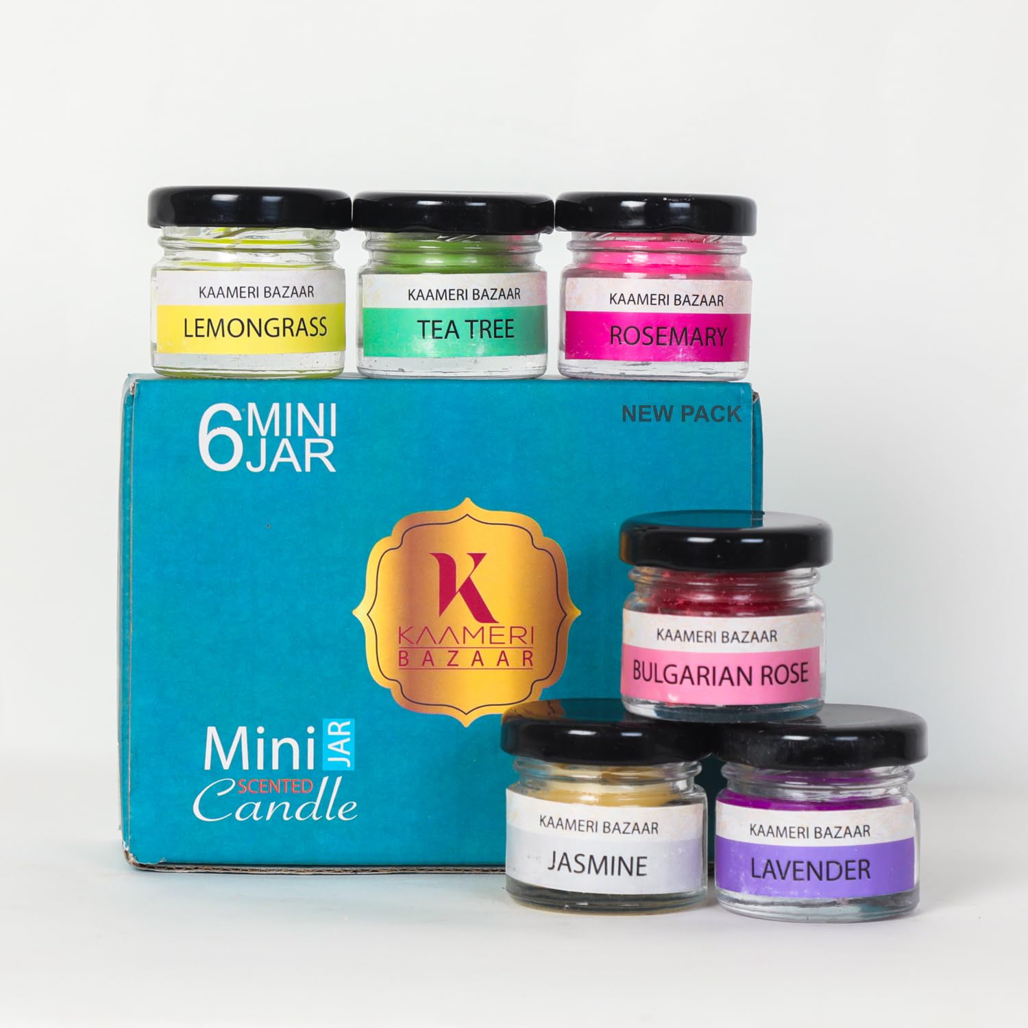 Kaameri Bazaar Scented Candles for Home Decor – Set of 6 Candle Jar of Tea Tree, Jasmine, Lemongrass, Rose, Lavender & Rosemary – Scented Candles for Home & Festive Decor